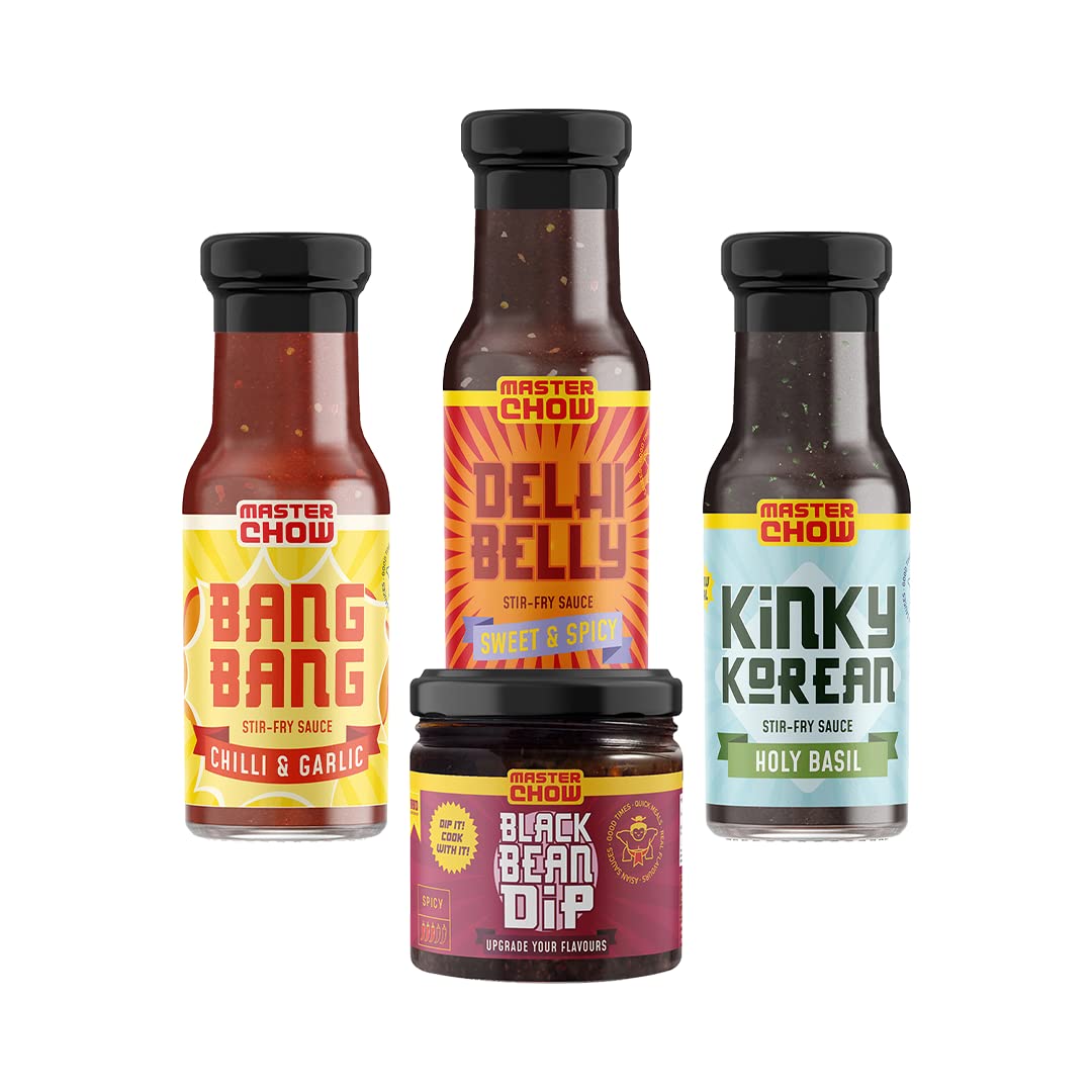 Four-piece MasterChow cooking sauce combo in glass bottles and jar