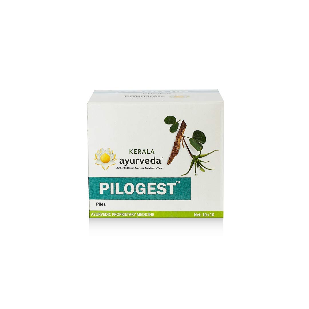 Front view of Kerala Ayurveda Pilogest 100 capsules pack