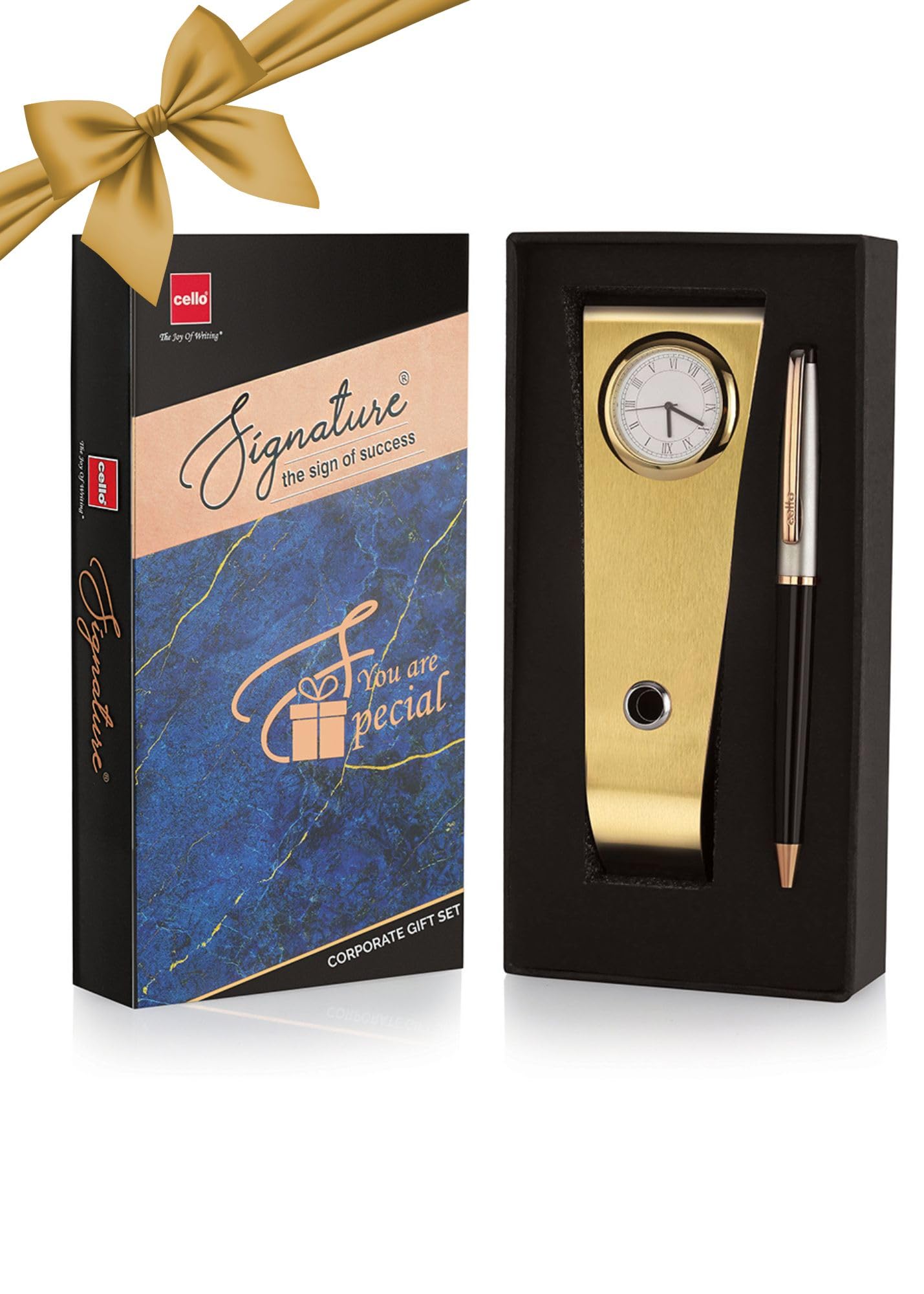 Black metal ball pen with gold-plated clock pen stand