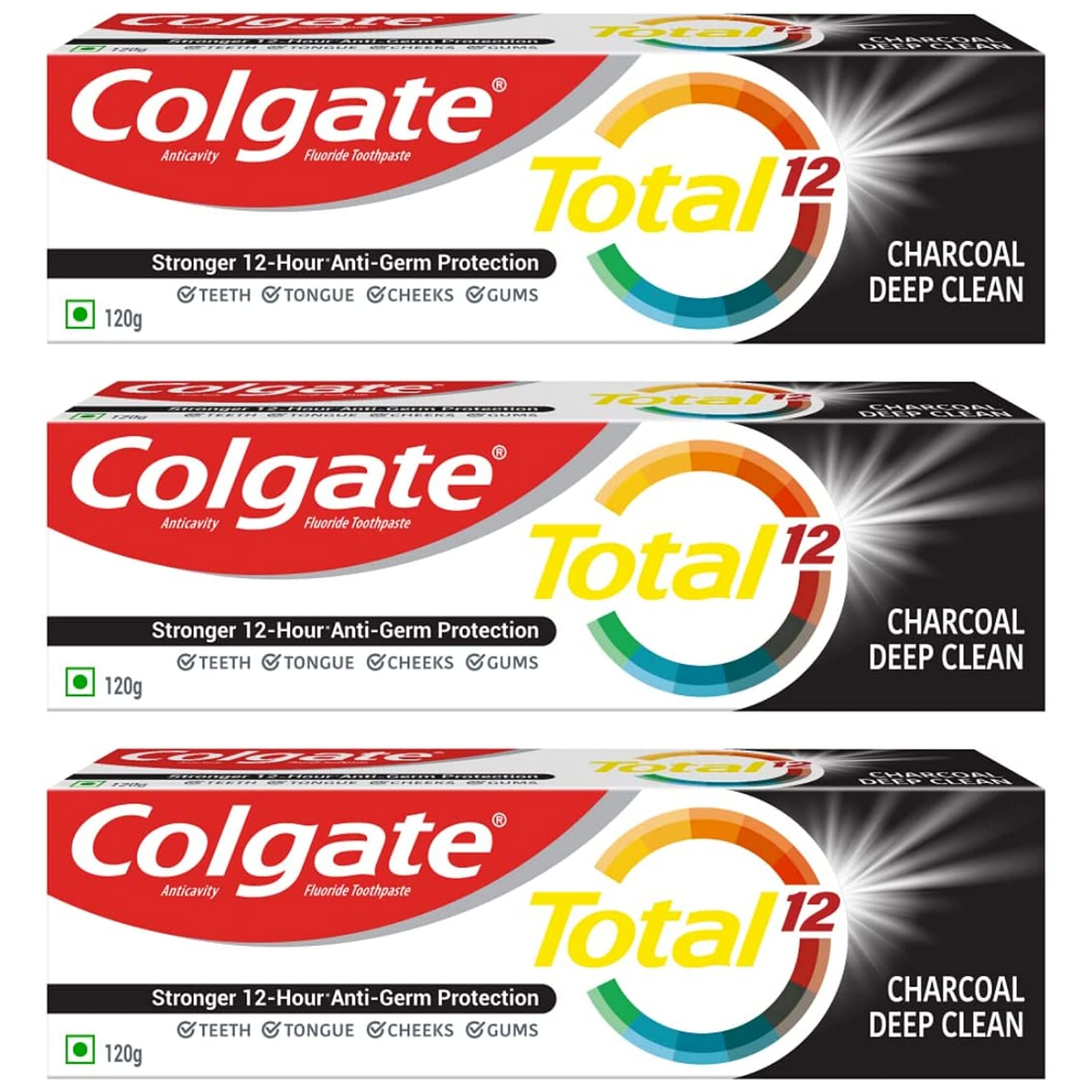 Colgate charcoal toothpaste pack with three 120g tubes