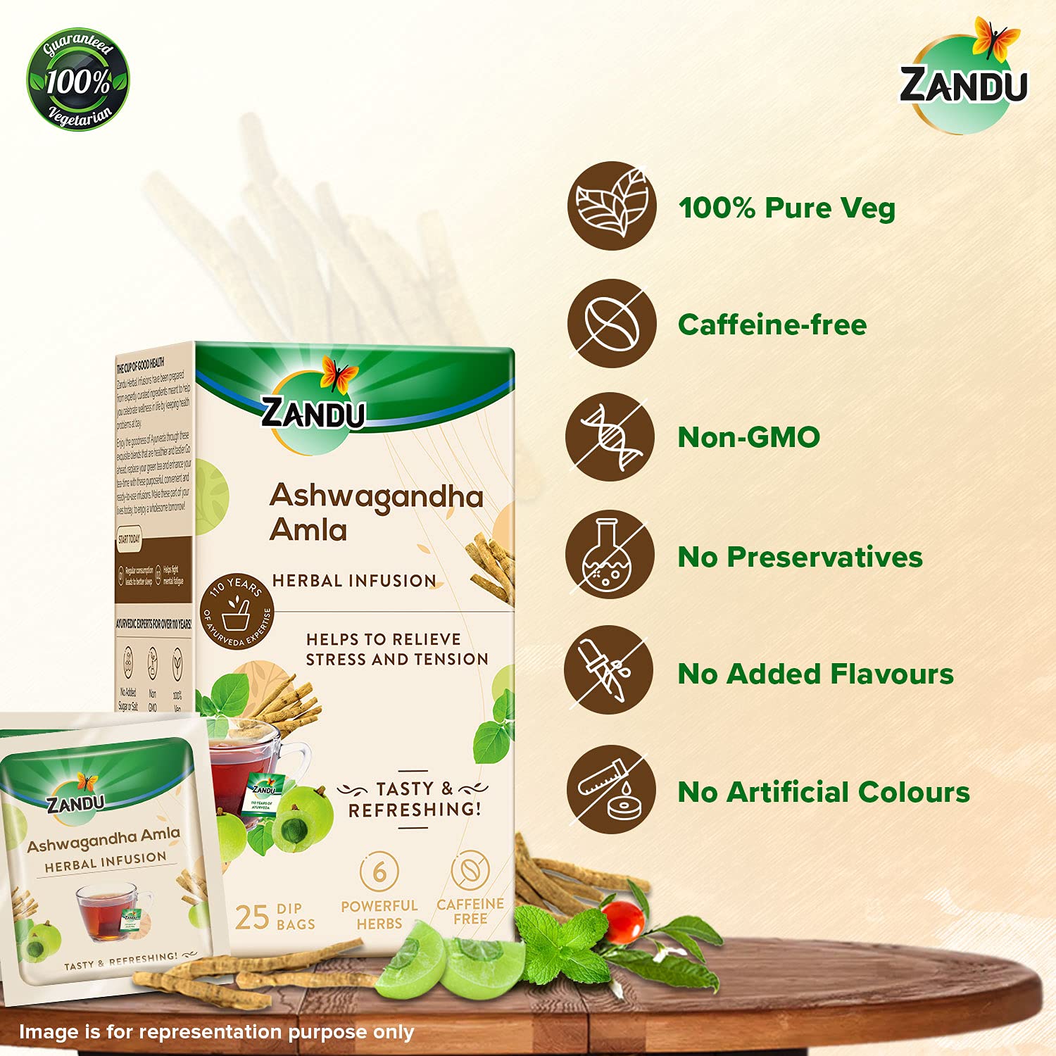 Zandu Ashwagandha Amla Ayurvedic Infusion, a Herbal Tea Enriched with 6 Ayurvedic Ingredients (25 Tea Bags) – view 2