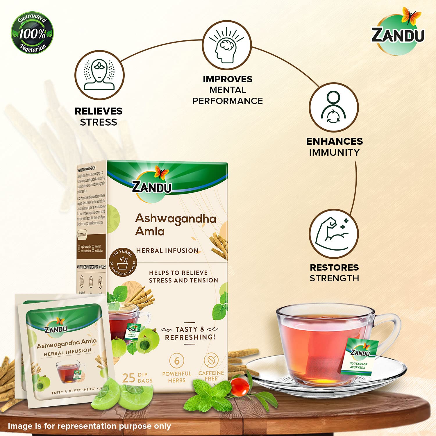Zandu Ashwagandha Amla Ayurvedic Infusion, a Herbal Tea Enriched with 6 Ayurvedic Ingredients (25 Tea Bags) – view 3