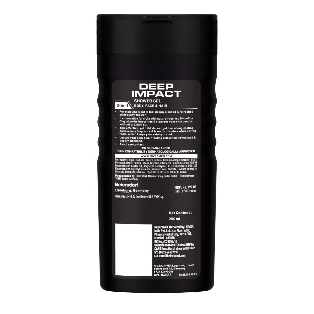 Nivea Men Body Wash, Deep Impact, 3 In 1 Shower Gel For Body, Face & Hair, With Microfine Clay, 250ml – view 8
