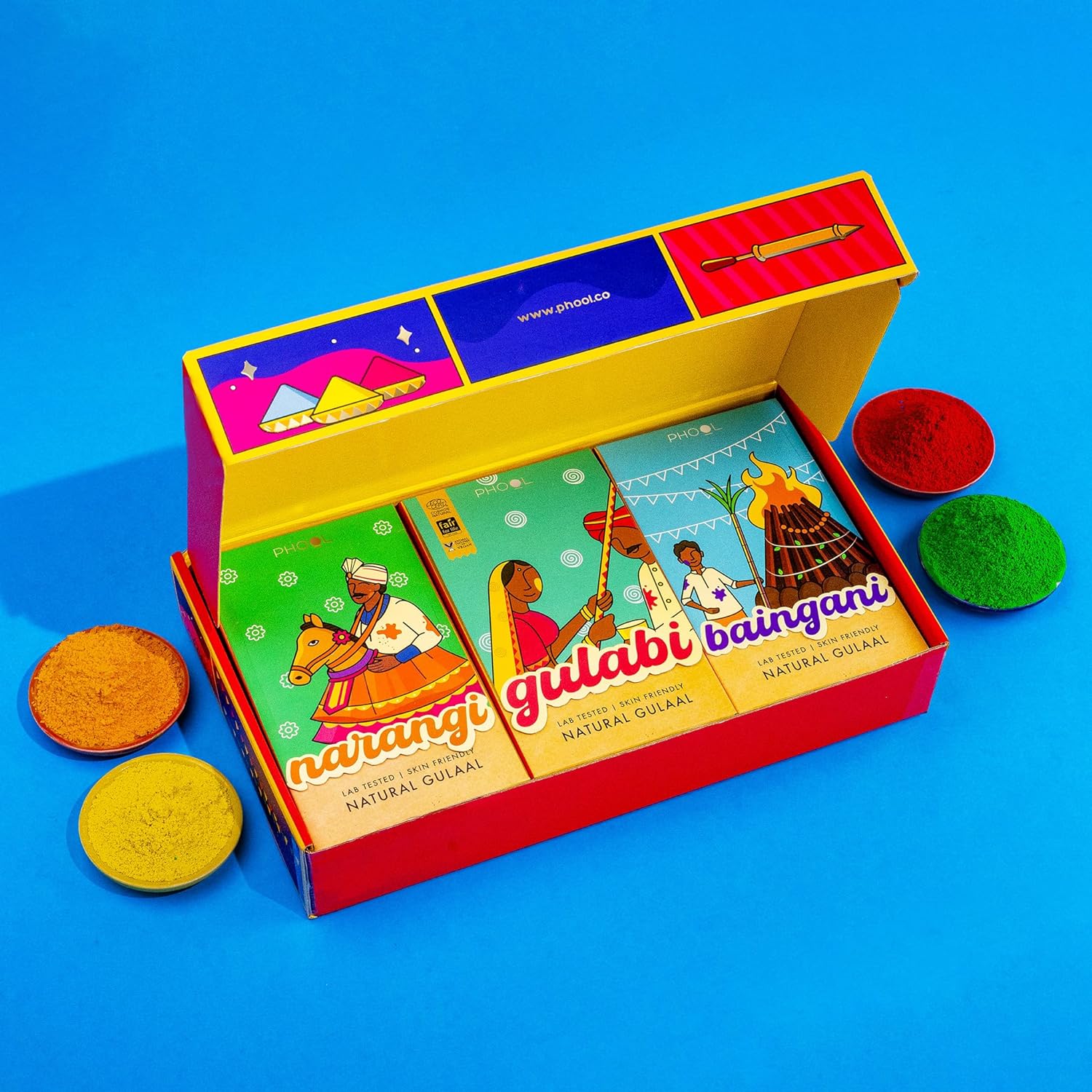 Phool Holi Colour I Rangeela Collection - Pack of 6 Colours I 600 GMS Gulal Colours of Pink, Green, Blue, Yellow, Orange & Purple I Natural I Skin Friendly and Certified I Easy to Remove from Skin