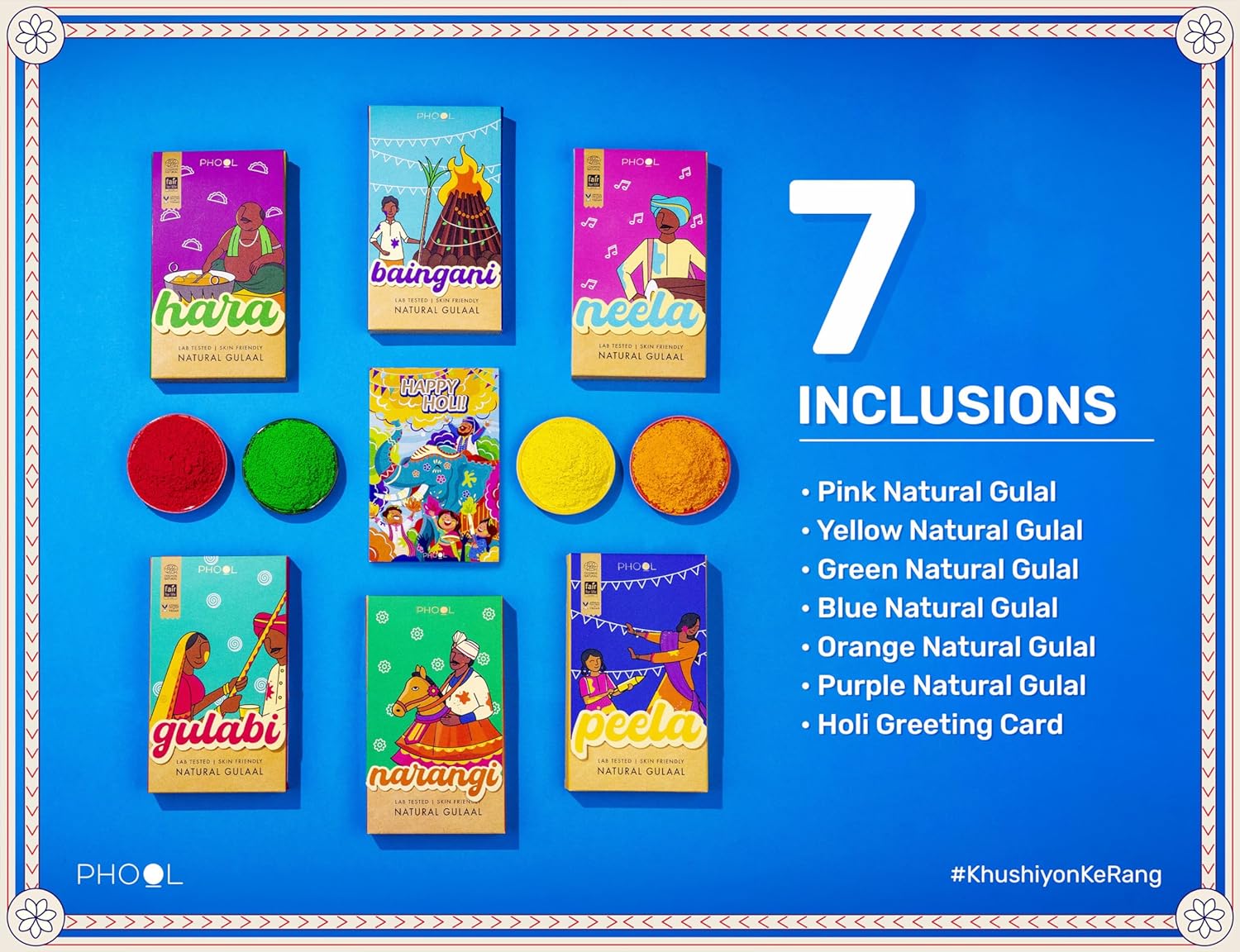 Phool Holi Colour I Rangeela Collection - Pack of 6 Colours I 600 GMS Gulal Colours of Pink, Green, Blue, Yellow, Orange & Purple I Natural I Skin Friendly and Certified I Easy to Remove from Skin – view 3