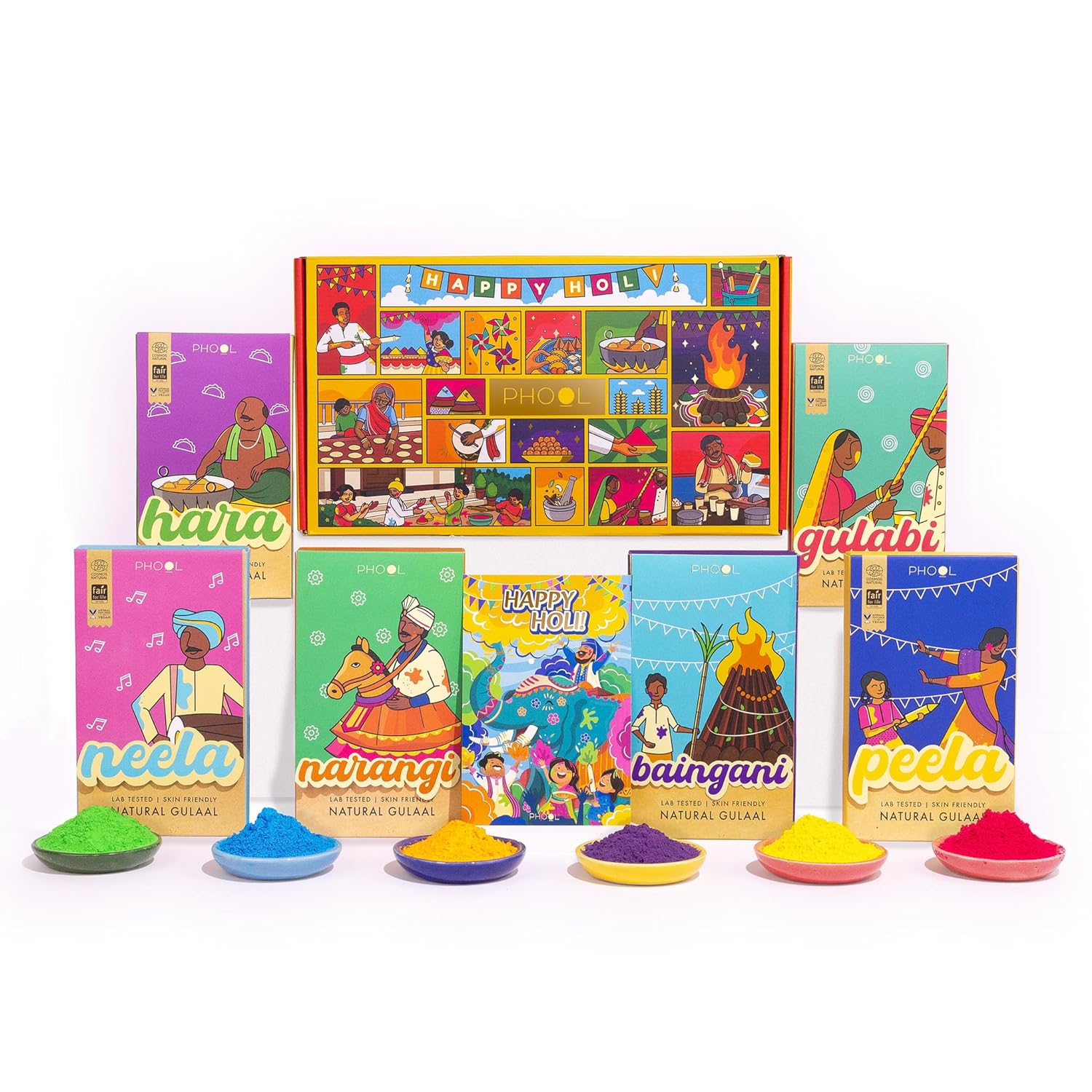 Phool Holi Colour I Rangeela Collection - Pack of 6 Colours I 600 GMS Gulal Colours of Pink, Green, Blue, Yellow, Orange & Purple I Natural I Skin Friendly and Certified I Easy to Remove from Skin – view 5