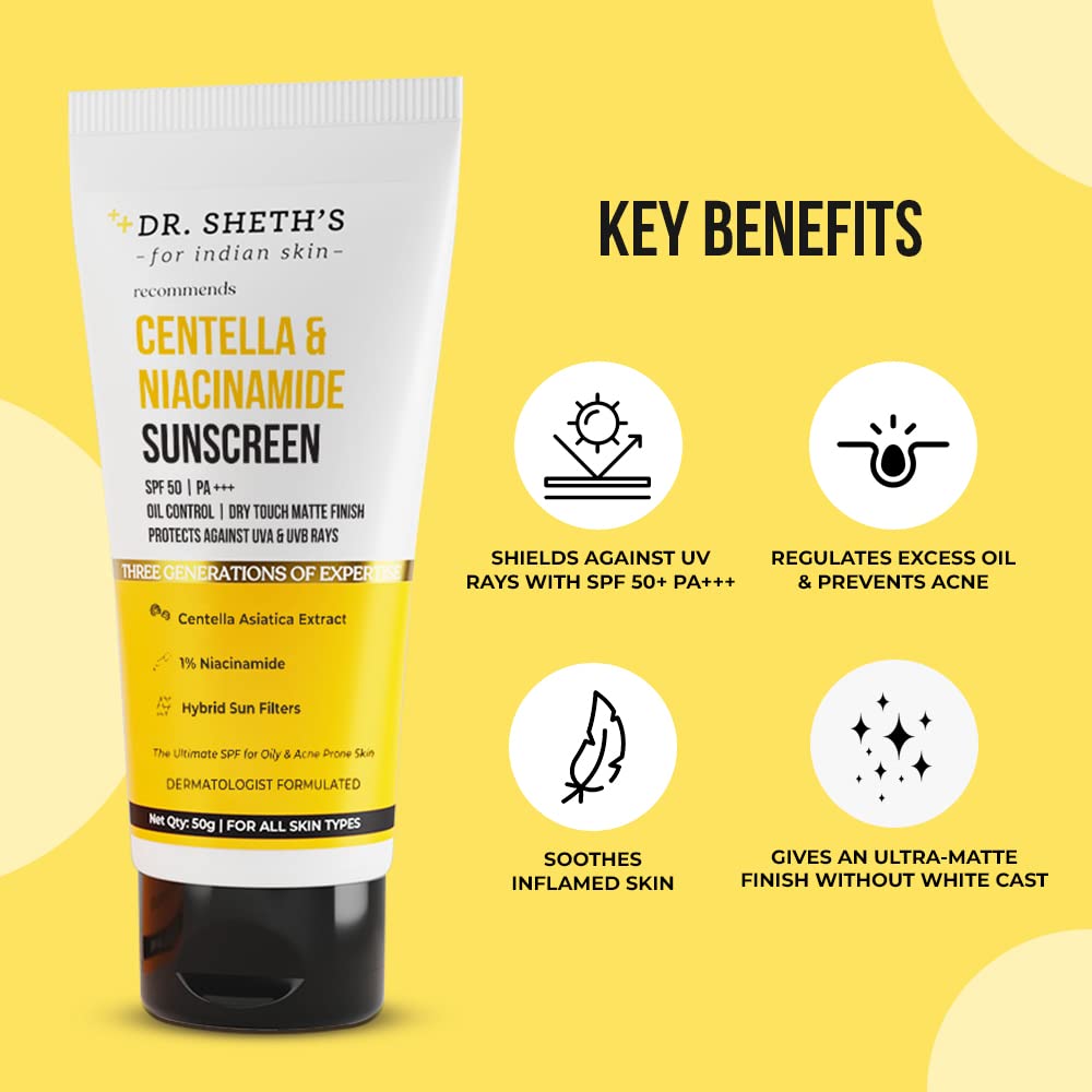 Dr. Sheth's Centella & Niacinamide Sunscreen Spf 50 Pa+++ For Oily & Acne-Prone Skin, Sweatproof, Water-Resistant, Dry Touch, Matte Controls Excess Oil, Protects Against Uva & Uvb Rays For Unisex, 50g – view 2