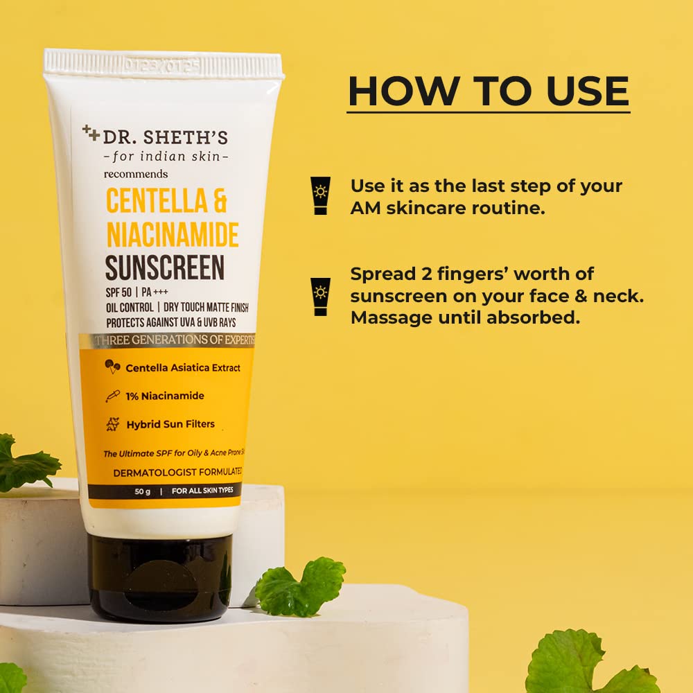 Dr. Sheth's Centella & Niacinamide Sunscreen Spf 50 Pa+++ For Oily & Acne-Prone Skin, Sweatproof, Water-Resistant, Dry Touch, Matte Controls Excess Oil, Protects Against Uva & Uvb Rays For Unisex, 50g – view 4