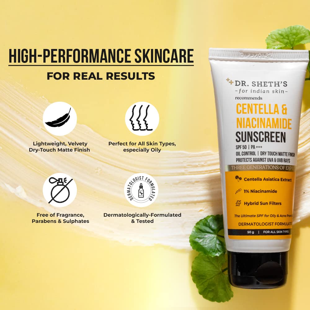 Dr. Sheth's Centella & Niacinamide Sunscreen Spf 50 Pa+++ For Oily & Acne-Prone Skin, Sweatproof, Water-Resistant, Dry Touch, Matte Controls Excess Oil, Protects Against Uva & Uvb Rays For Unisex, 50g – view 5