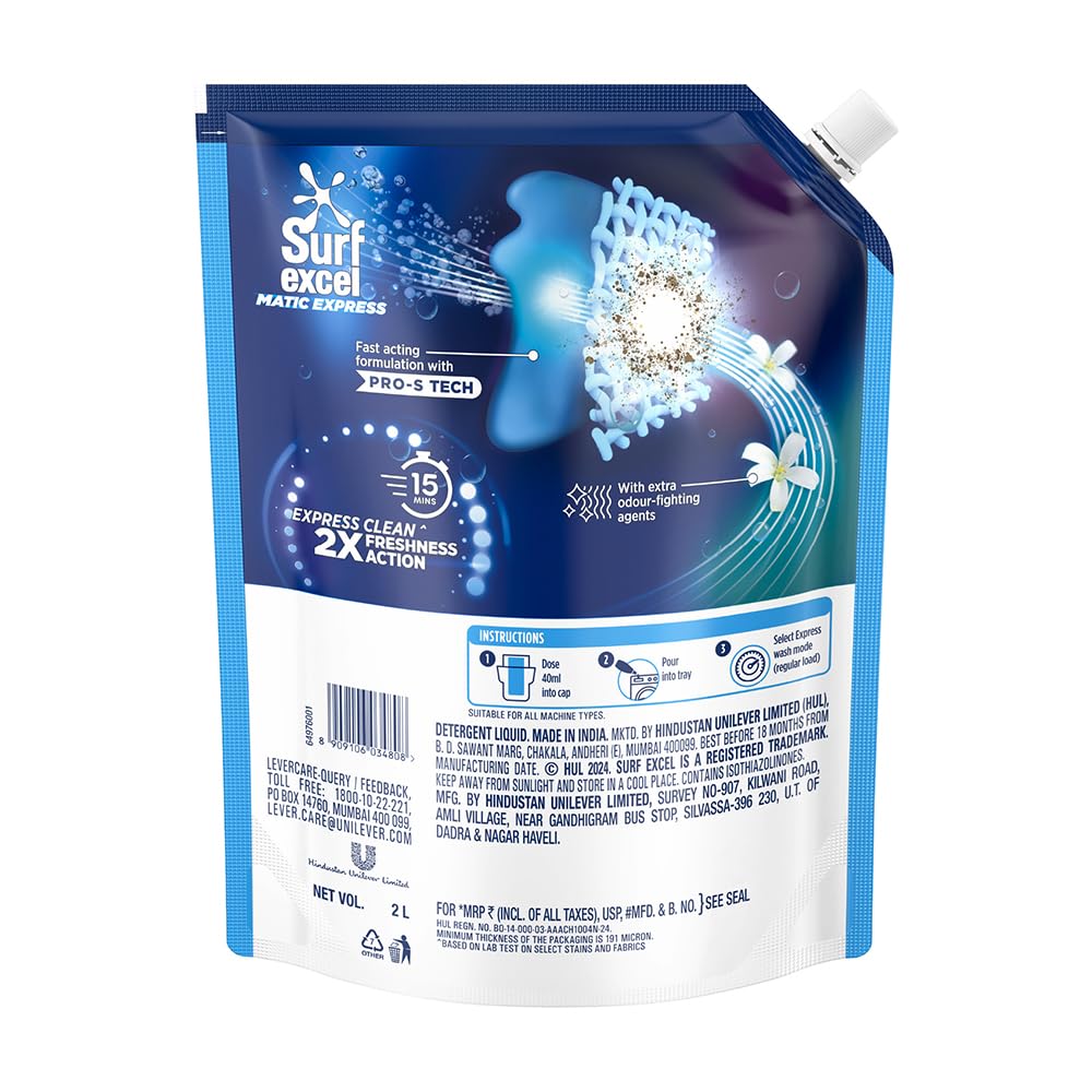 Surf Excel Matic Express Liquid Detergent, Express Clean with 2X Freshness Action 2ltr pouch – view 8