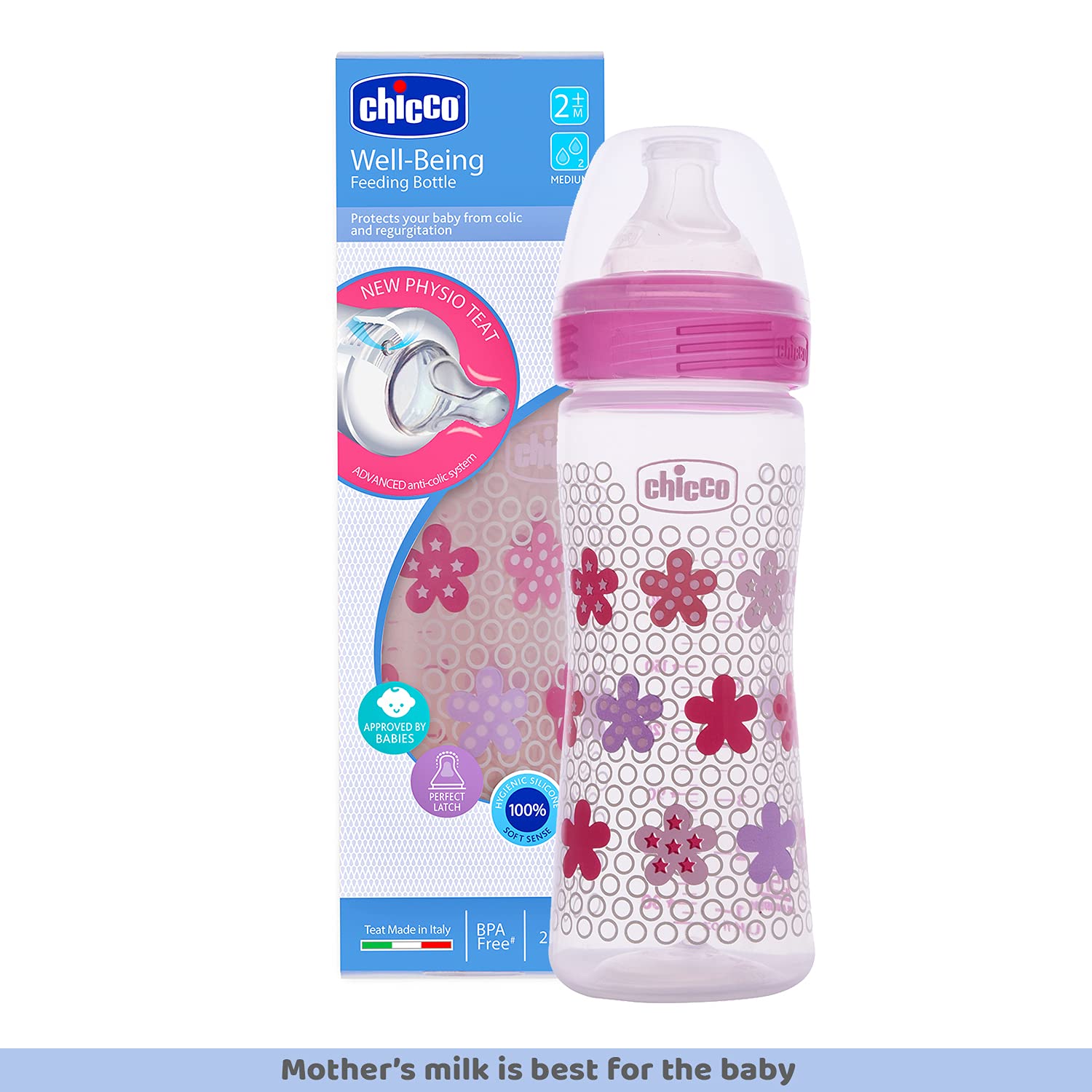 Chicco Well-Being 250 ml Feeding Plastic Bottle, Advanced Anti-Colic System, BPA Free, Hygienic Silicone Teat (Pink) – view 2