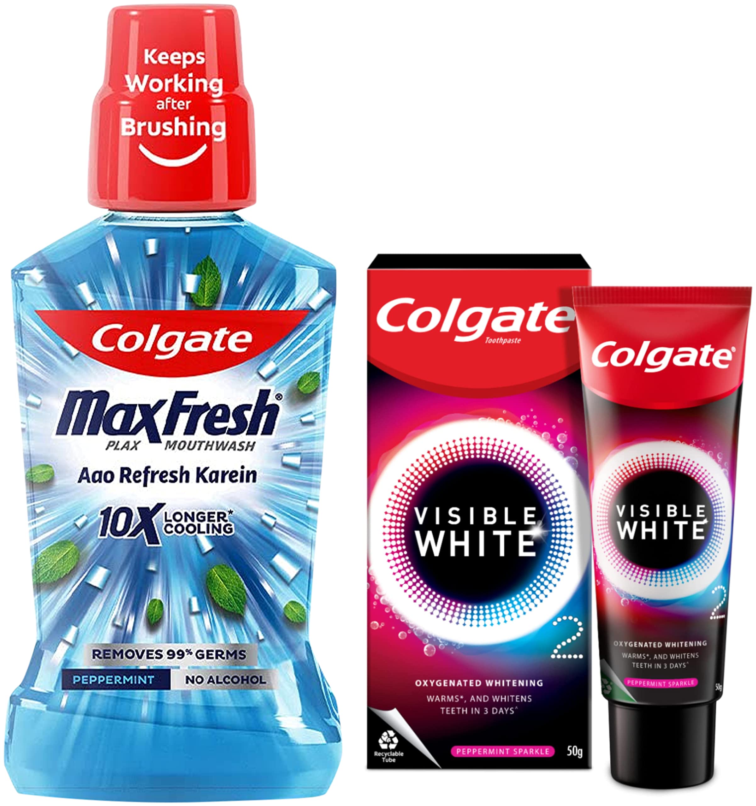 Colgate Plax rinse with Visible White O2 toothpaste pack