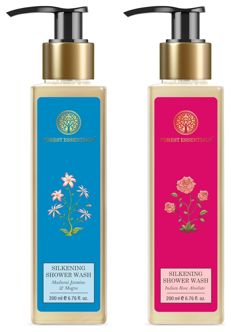 Forest Essentials silkening shower wash rose and jasmine combo bottles