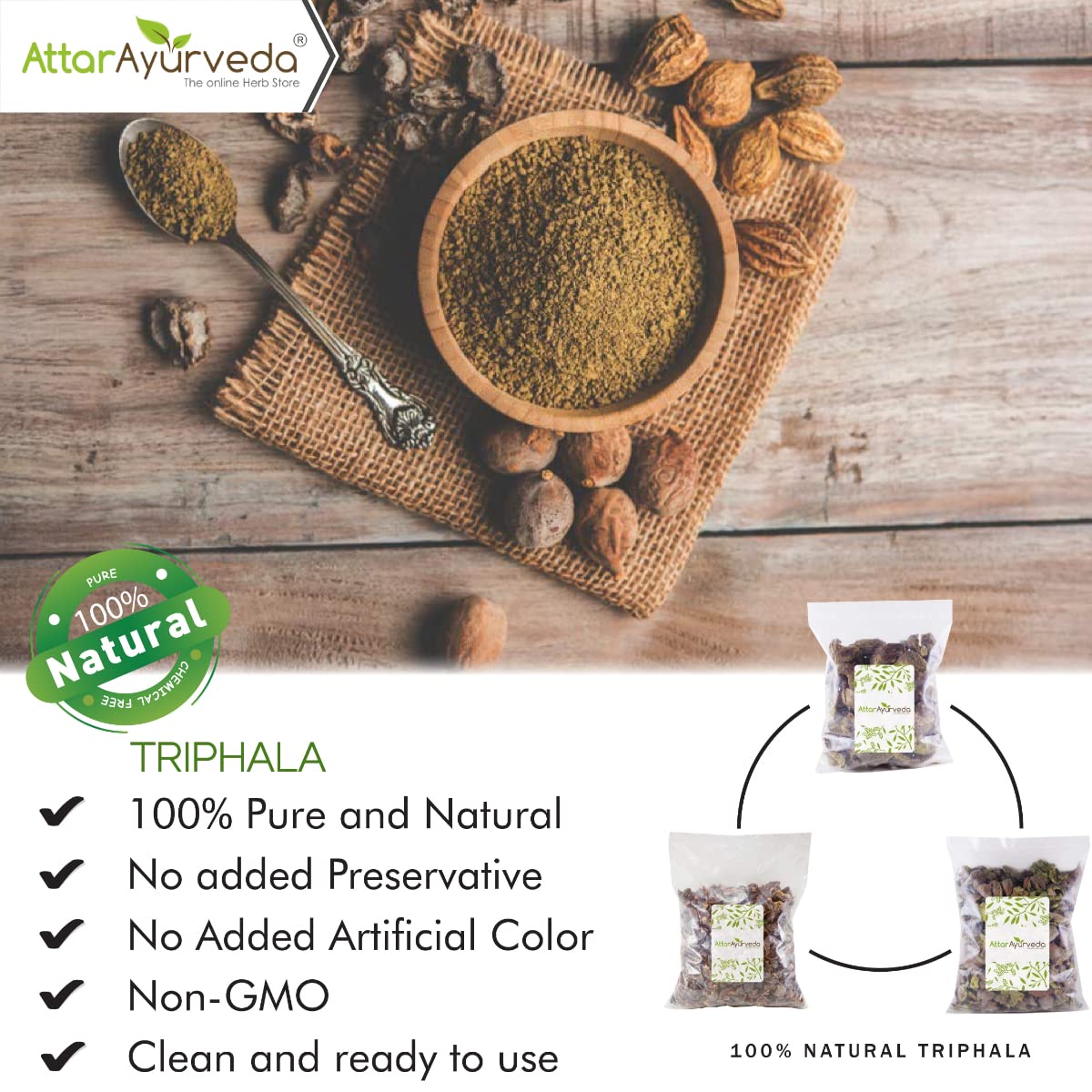 Attar Ayurveda Triphala Raw (1:1:1) - 750 grams, Raw, Whole - Harad, Baheda, Amla – view 2