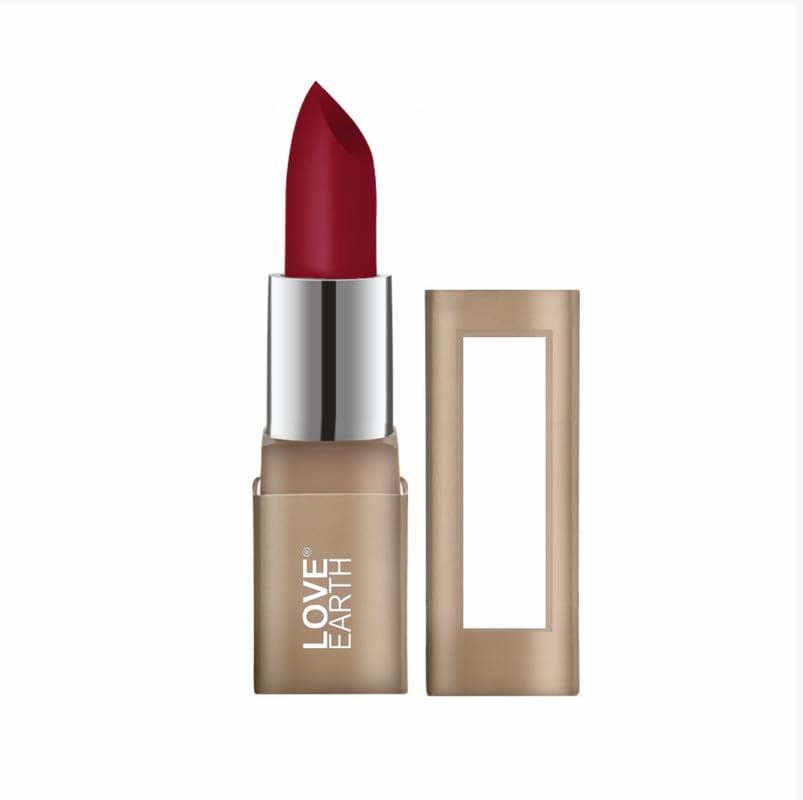 Love Earth Jaggery satin matte lipstick tube in maroon brown shade