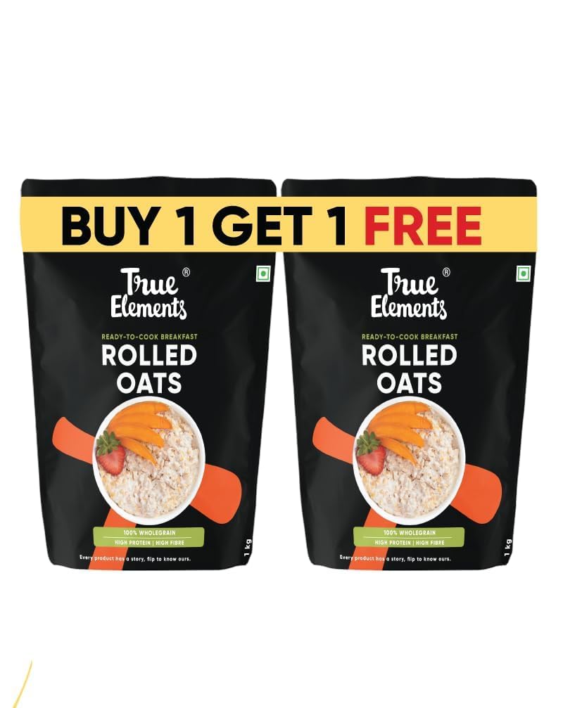 True Elements Rolled Oats 2kg offer pack - 1 month family pack | Wholegrain, High Fibre, High Protein Oats | Keeps You Fuller Longer | 10 years of serving dust free jumbo rolled oats
