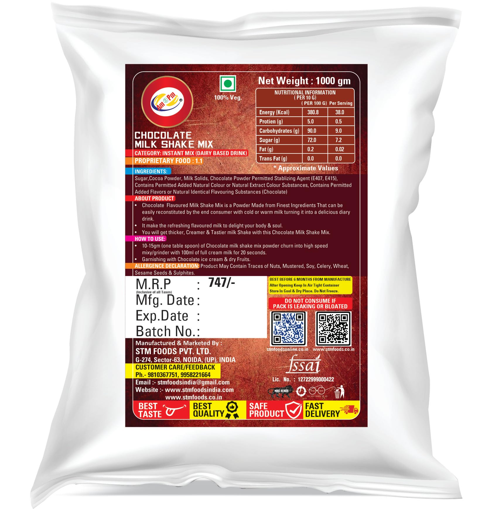 Am 2 Pm - Premium Silky Smoothy Milk Shake Mix, Instant Premix Drink Milkshake Powder, Pack of 2 (CHOCLATE + STRAWBERY (1KG EACH)) – view 4
