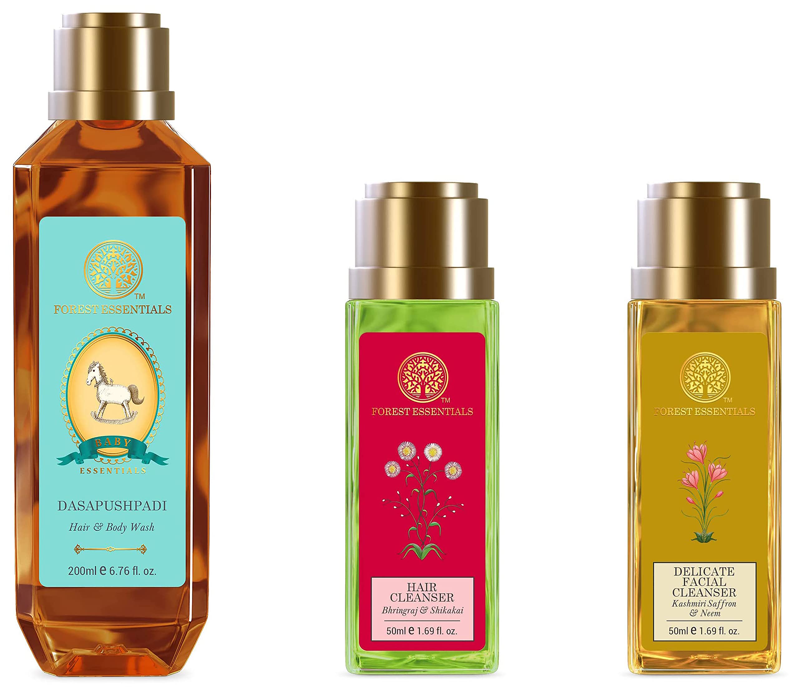 Forest Essentials baby hair and body wash set bottles