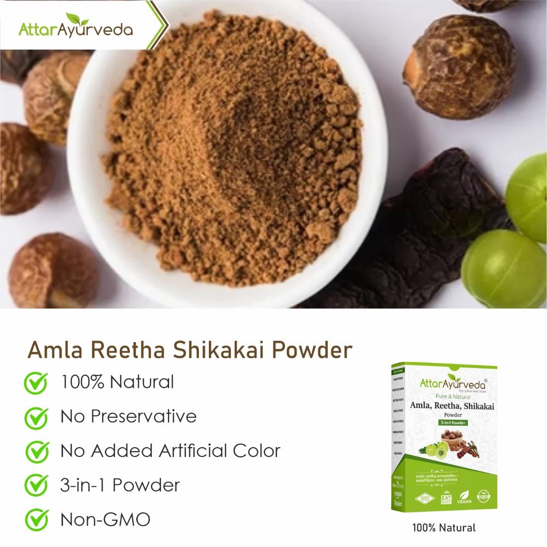 Attar Ayurveda Amla, Reetha, Shikakai powder for Hair growth – view 3