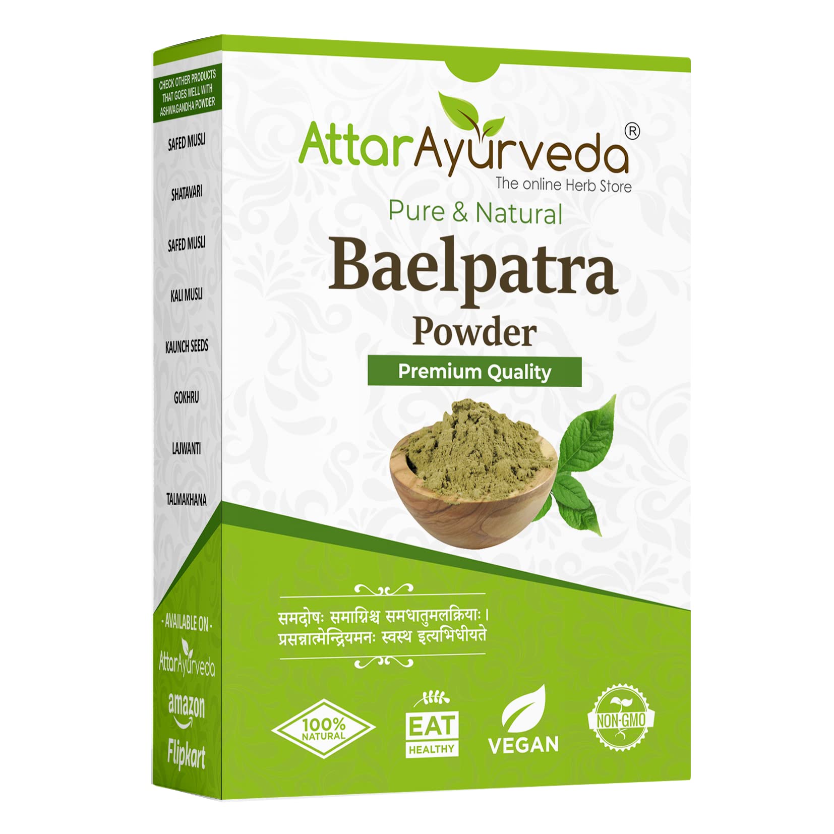 Front view of Attar Ayurveda Baelpatra powder 200 g box