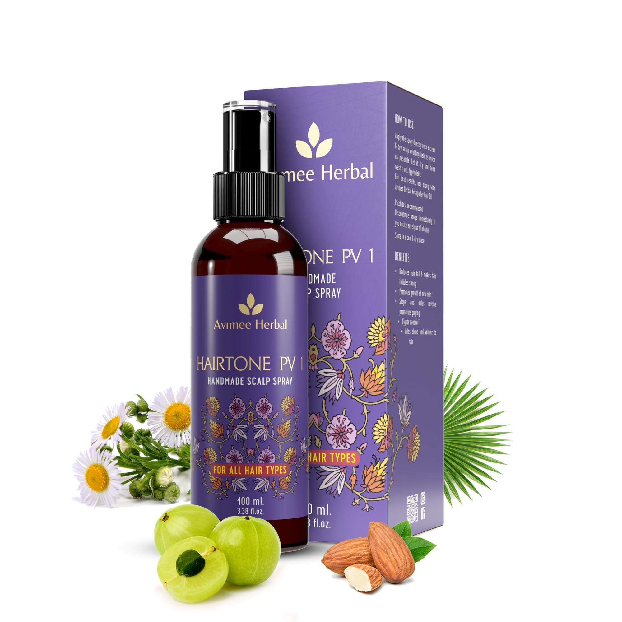 Avimee Herbal Keshpallav Hair Oil (100 ml) & Hairtone PV 1 Scalp Spray (100 ml) & Shakuntala Hair Shampoo (200 ml) & Radha hair Conditioner (200 ml) Combo Pack – view 3