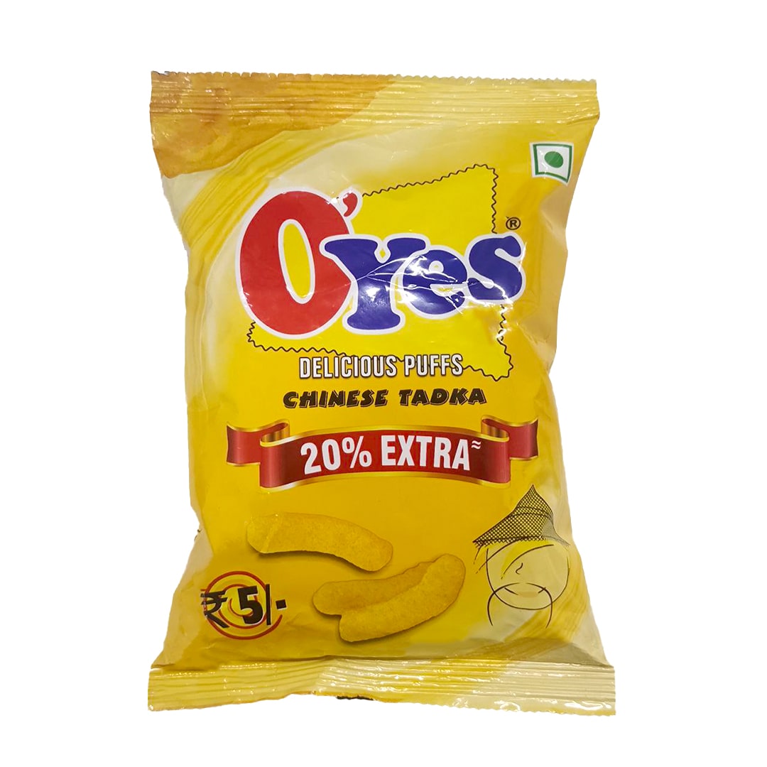 Front pack of O'yes Chinese Tadka puffed snack