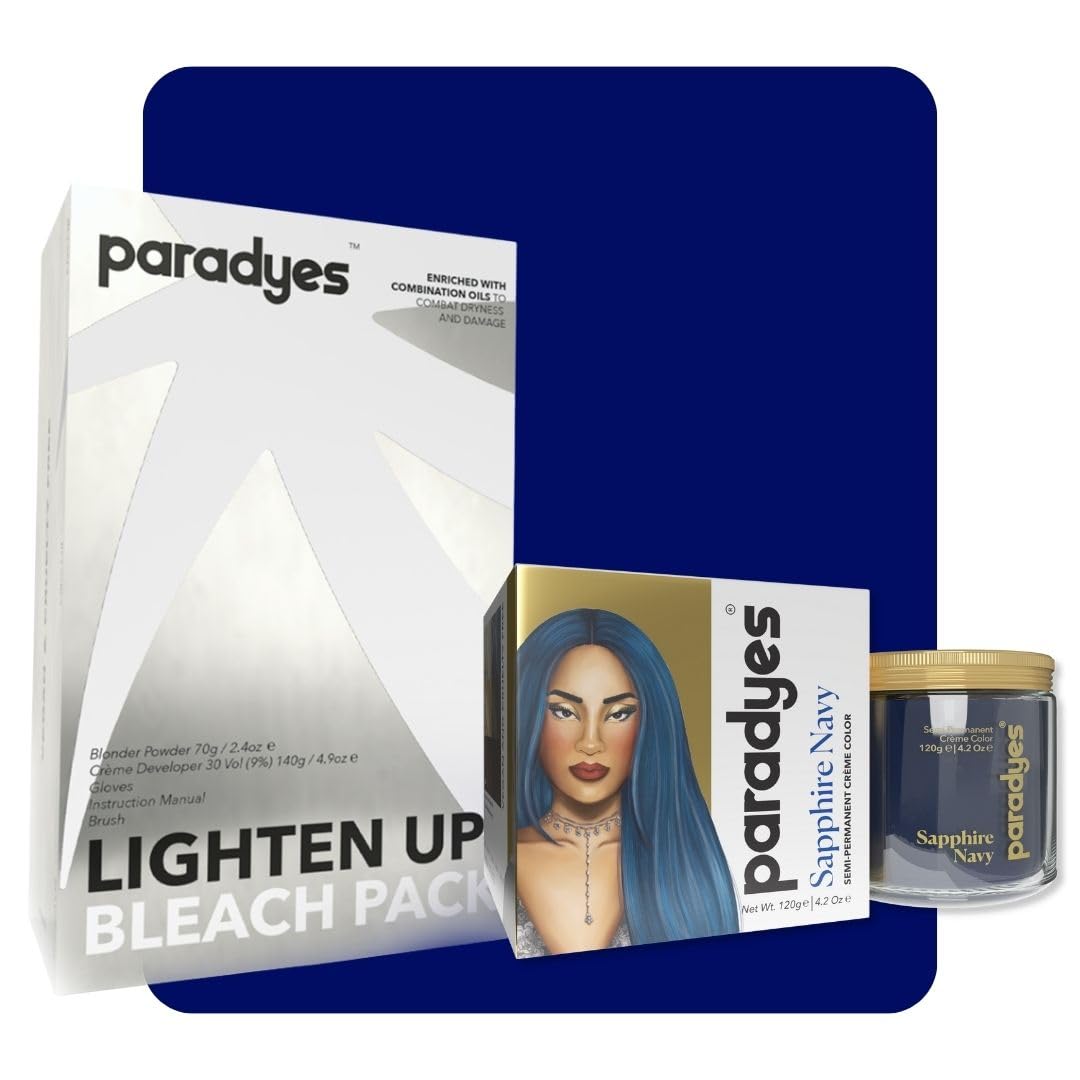 Paradyes Semi-permanent Sapphire Navy DIY Conditioner Based Hair Colour 120 gm and Lighten Up! Bleach Pack 30 Vol. for all Hair Types