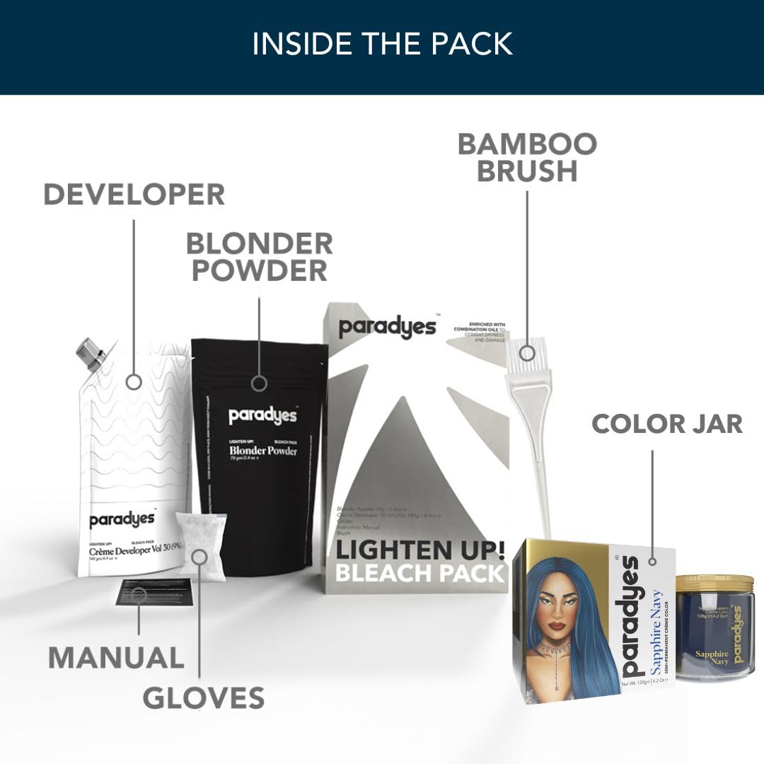 Paradyes Semi-permanent Sapphire Navy DIY Conditioner Based Hair Colour 120 gm and Lighten Up! Bleach Pack 30 Vol. for all Hair Types – view 3