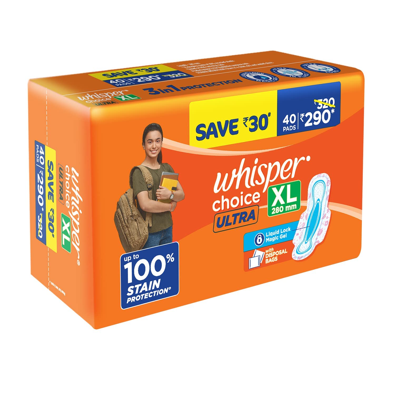Whisper Choice Sanitary Pads with Wings for Women, XL, 40s Napkins – view 2