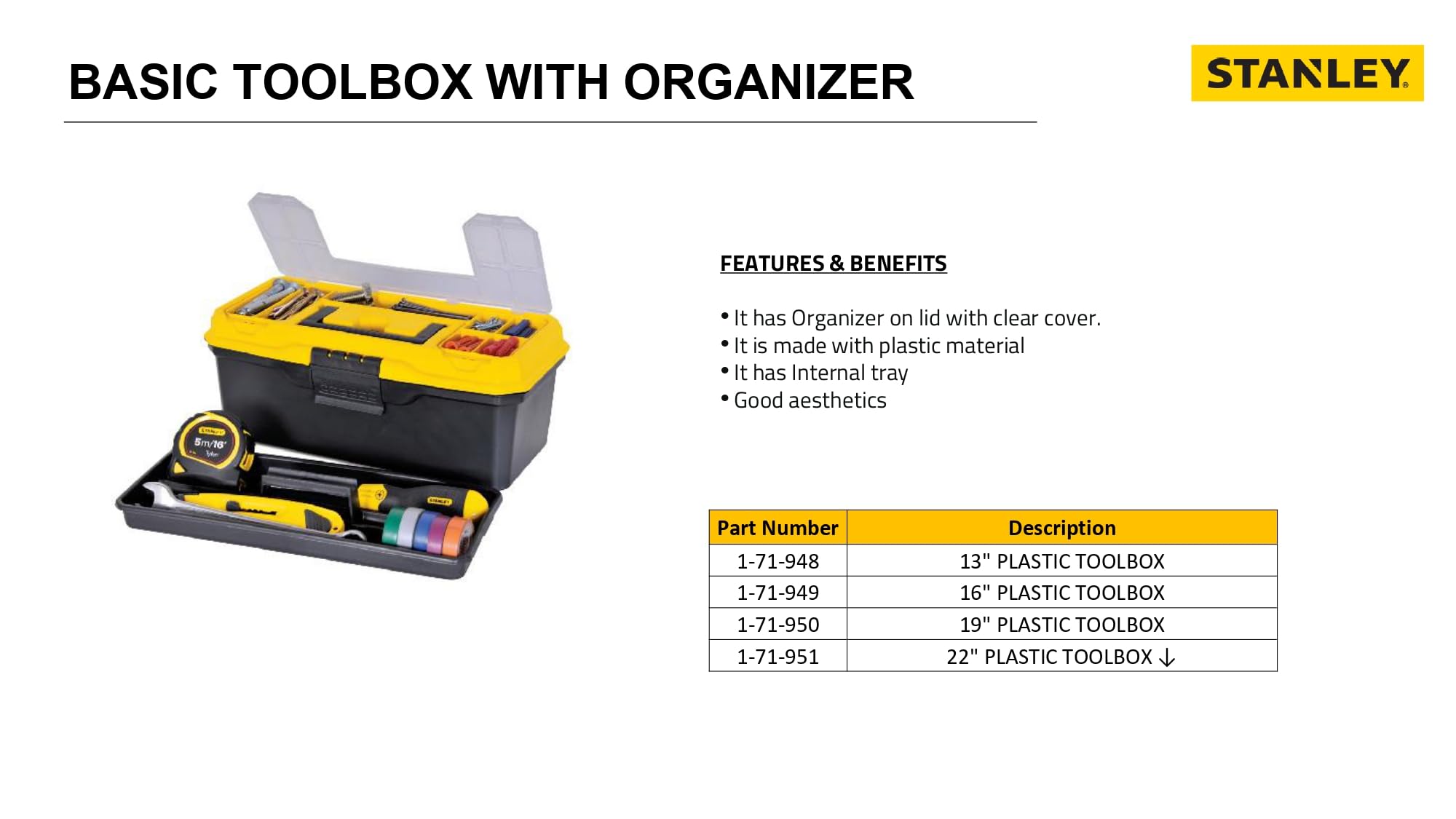 STANLEY 1-71-948 13'' Organized Maestro Heavy-Duty Portable Plastic Essential Toolbox With Clear Top Lid & Removable Tray Compartment For Easy & Convenient Storage,1 Year Warranty,YELLOW,32x13.5x15 cm – view 4