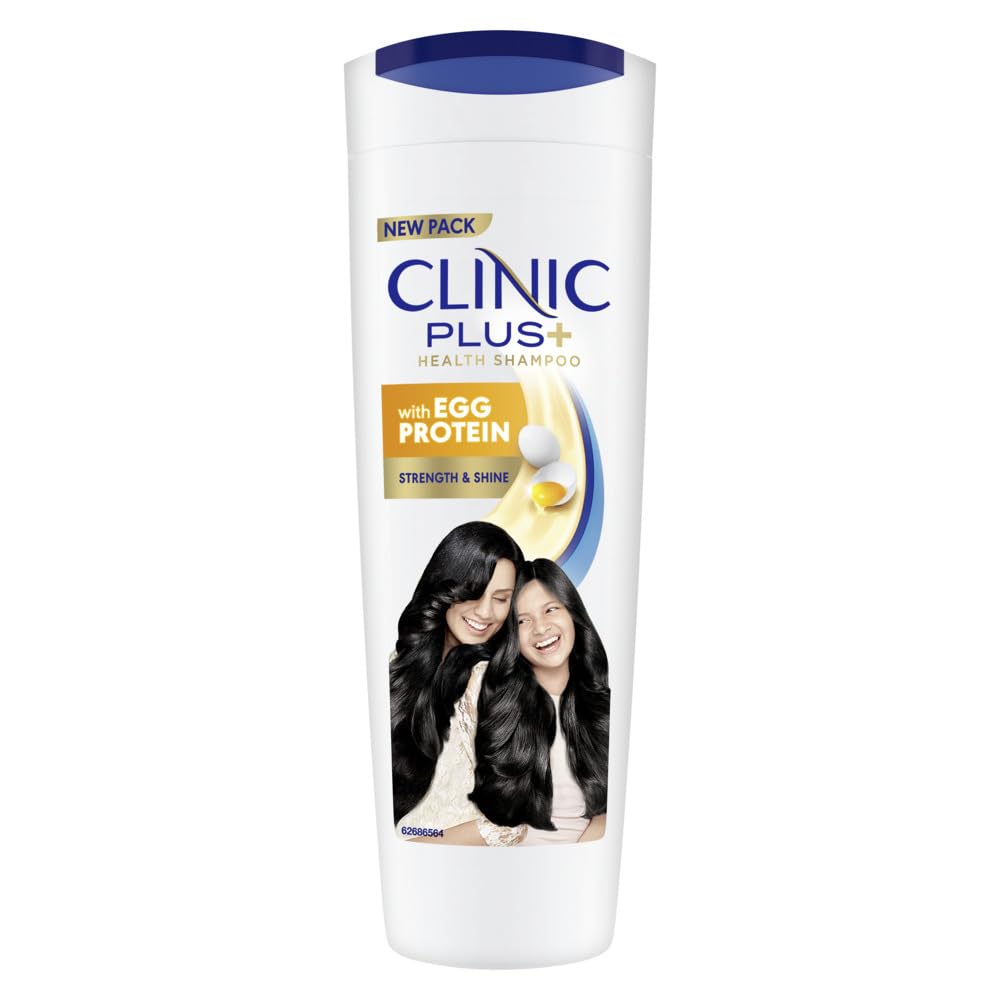 Front view of Clinic Plus egg protein shampoo bottle for strength and shine