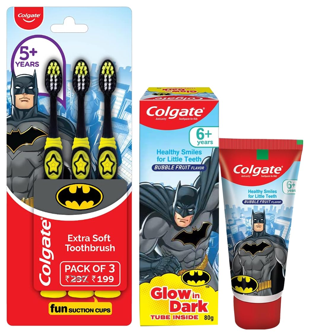 Multicolor Colgate kids manual toothbrushes and Batman anticavity toothpaste