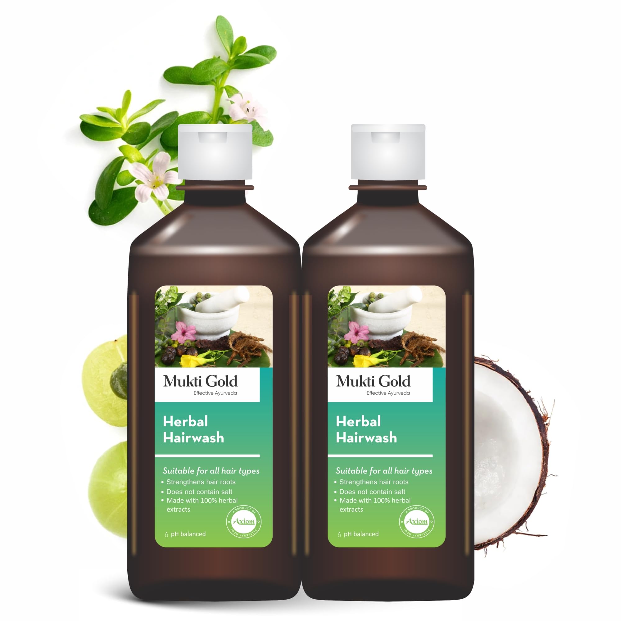 Two bottles of Mukti Gold Ayurvedic herbal shampoo for hair fall