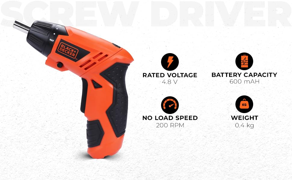 BLACK+DECKER KC4815 4.8V 200 RPM Cordless Screwdriver Set Ni-Cd (Nickel-Cadmium) with LED Worklight, 15-pieces Screw Bits Set & Adjustable Torque for Home & DIY Use, 1 Year Warranty, ORANGE & BLACK – view 2