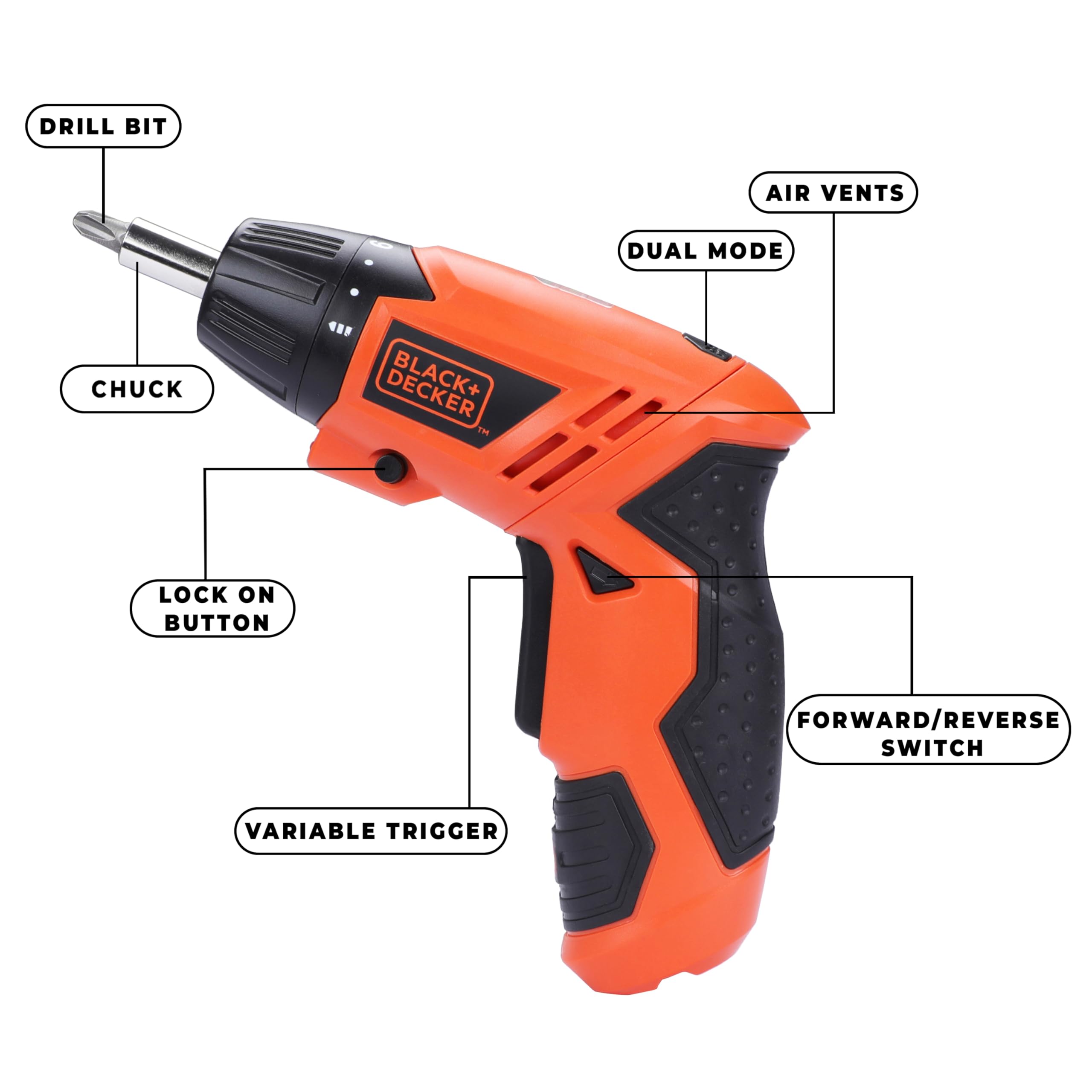 BLACK+DECKER KC4815 4.8V 200 RPM Cordless Screwdriver Set Ni-Cd (Nickel-Cadmium) with LED Worklight, 15-pieces Screw Bits Set & Adjustable Torque for Home & DIY Use, 1 Year Warranty, ORANGE & BLACK – view 3