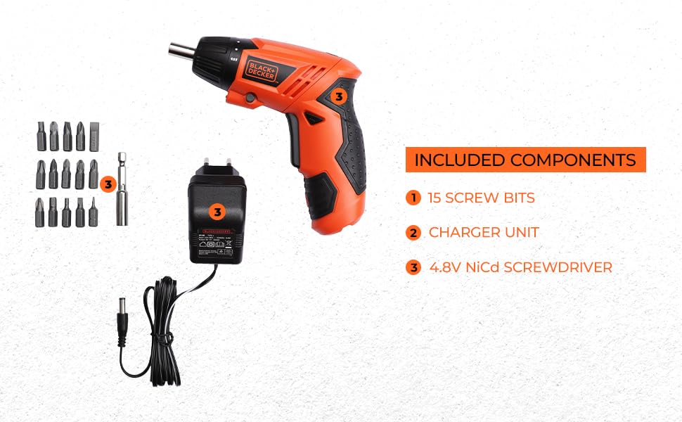 BLACK+DECKER KC4815 4.8V 200 RPM Cordless Screwdriver Set Ni-Cd (Nickel-Cadmium) with LED Worklight, 15-pieces Screw Bits Set & Adjustable Torque for Home & DIY Use, 1 Year Warranty, ORANGE & BLACK – view 4