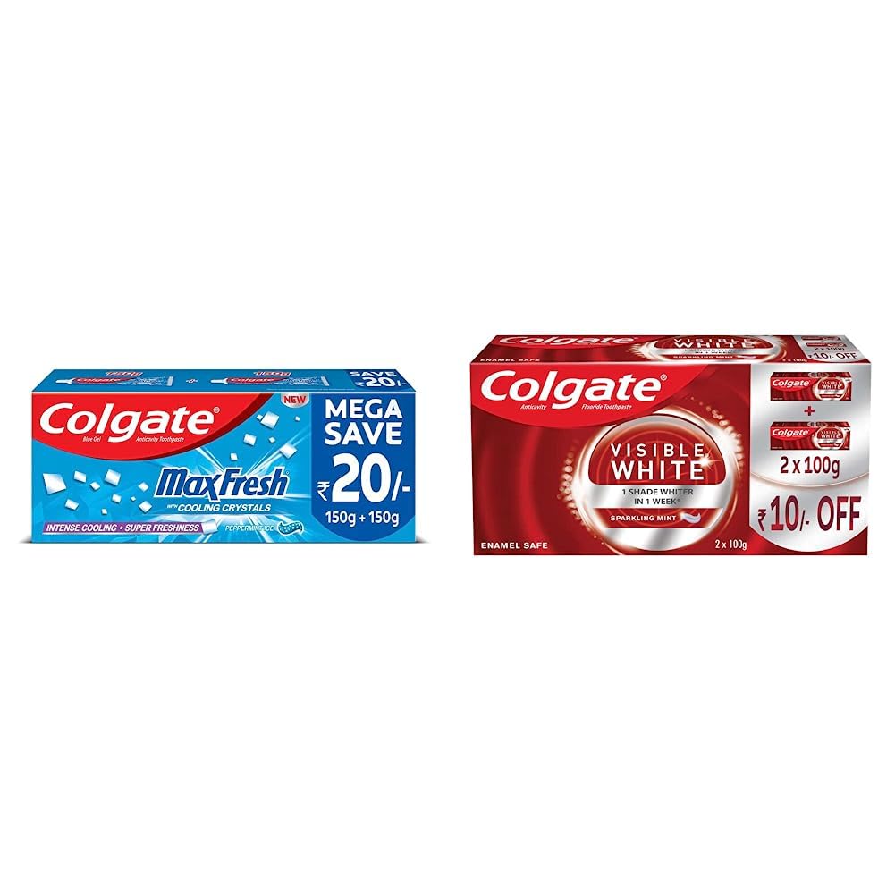 Colgate MaxFresh Toothpaste Blue Gel Paste with Menthol for Super Fresh Breath 300g & Colgate Visible White Teeth Whitening Toothpaste, Protects Enamel, Removes Stain, With Whitening Accelerators 200g – view 1