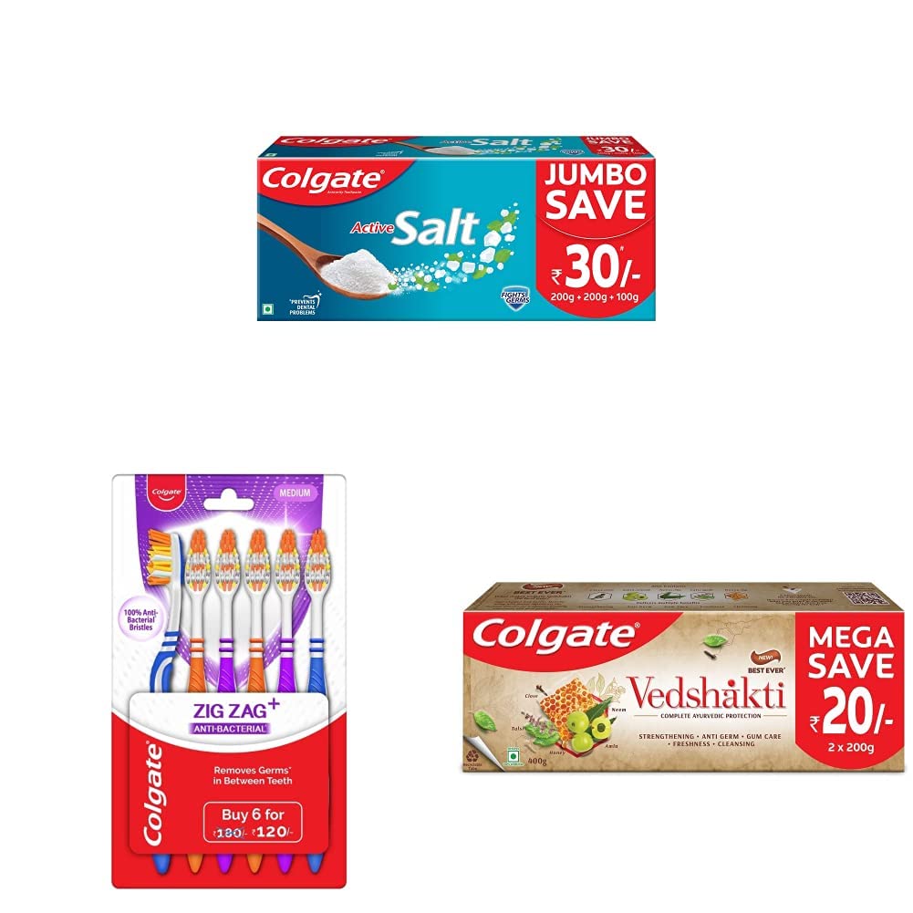 Colgate Active Salt Toothpaste & ZigZag Manual Toothbrush for adults, Medium Multicolour Soft Tooth brush & Swarna Vedshakti Ayurvedic Cavity Protection, Bad Breath Treatment Toothpaste - 400gm – view 1