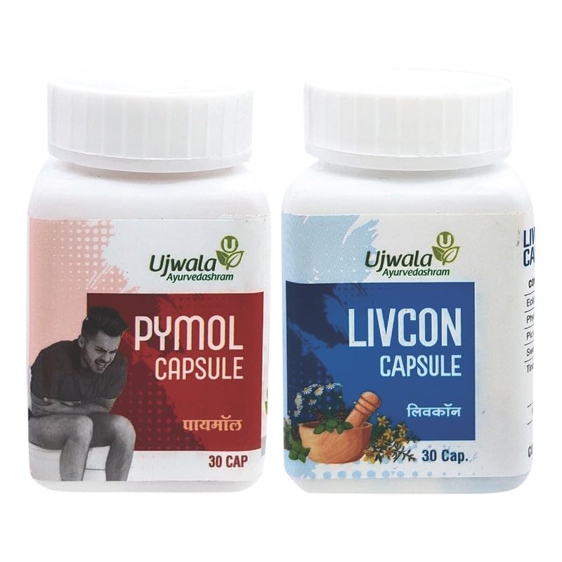 Herbal Pymol+Livcon capsule box and bottles for adult piles care