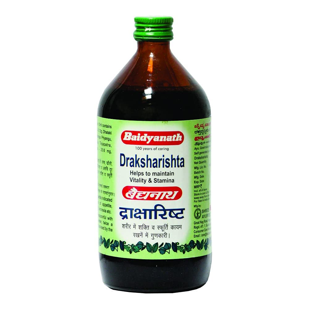 Baidyanath Draksharishta 450 ml bottle of Ayurvedic herbal syrup