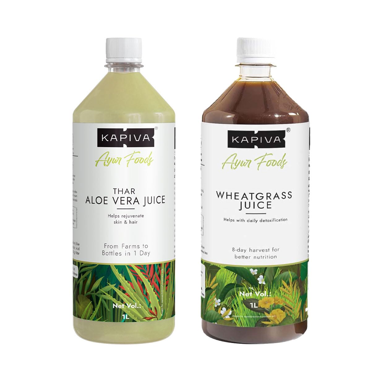 Kapiva aloe vera juice and wheatgrass juice bottle combo pack