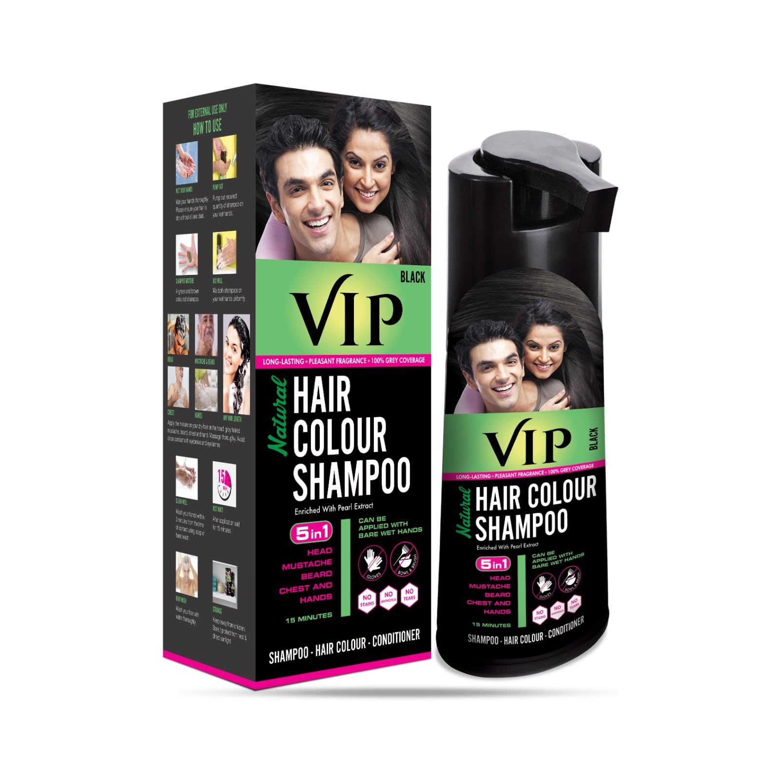 Black VIP hair colour shampoo bottle for beard and hair use