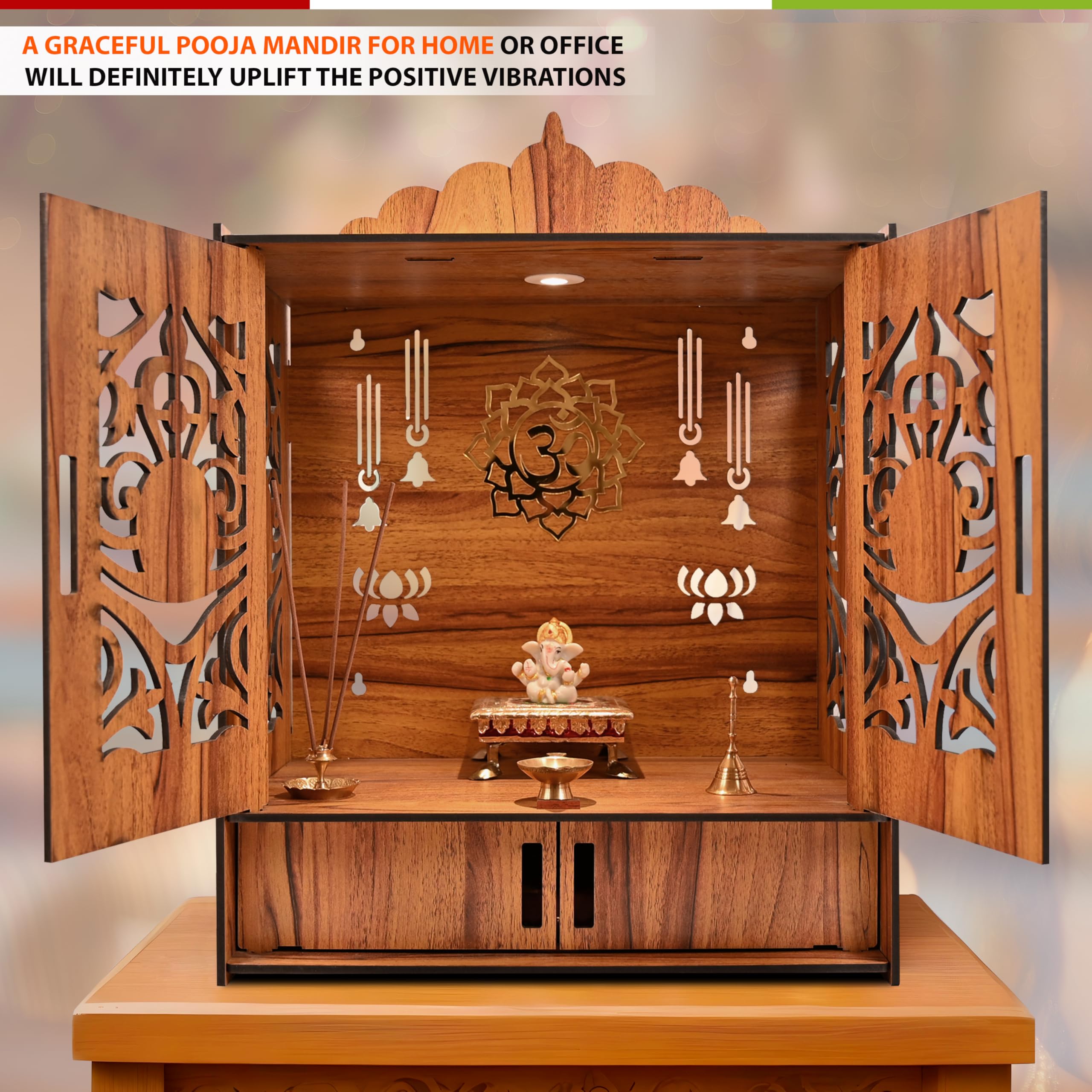 Rousrie Wooden Temple Mandir for Home with Door Cabinets – view 3