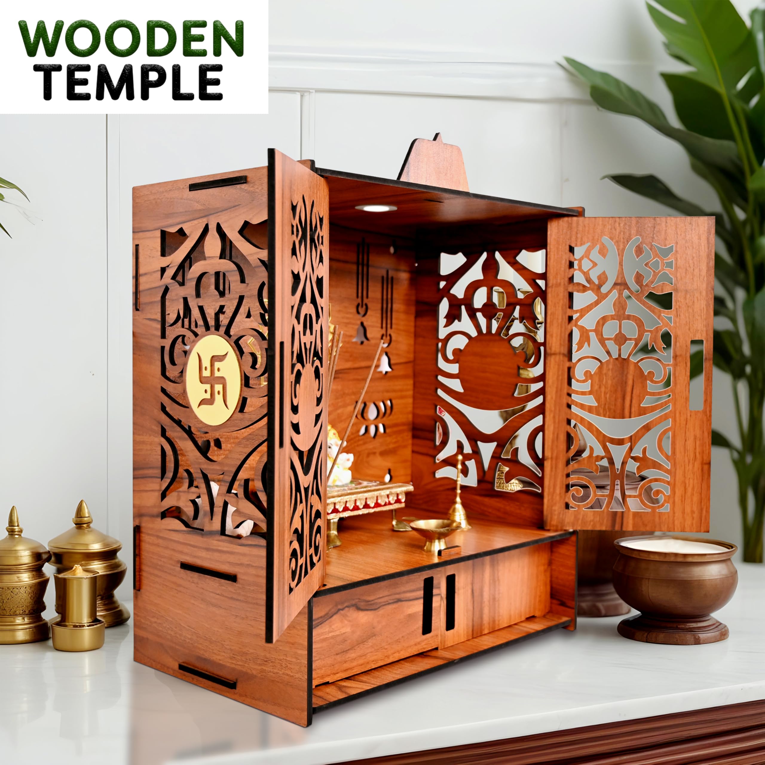 Rousrie Wooden Temple Mandir for Home with Door Cabinets – view 4