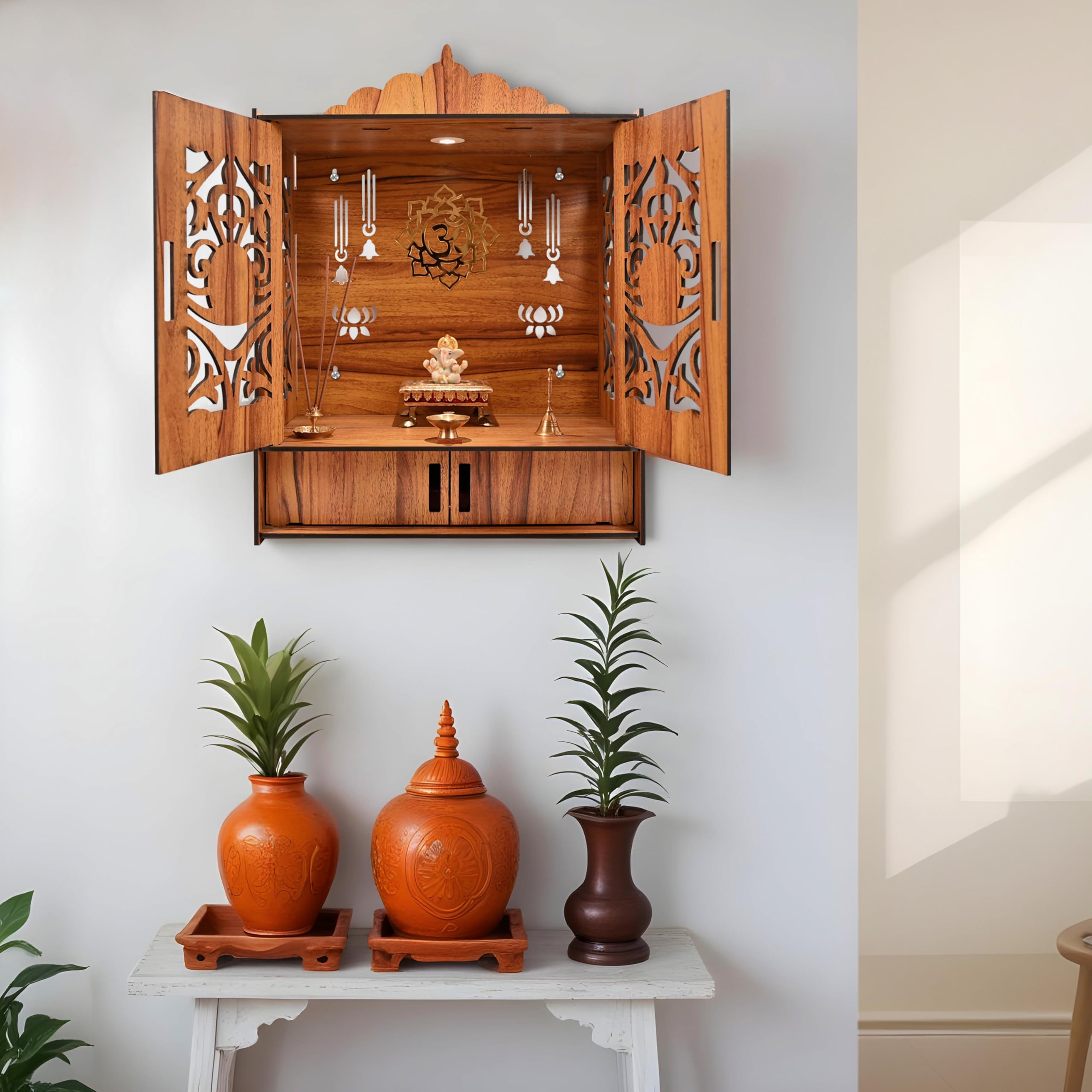 Rousrie Wooden Temple Mandir for Home with Door Cabinets – view 5