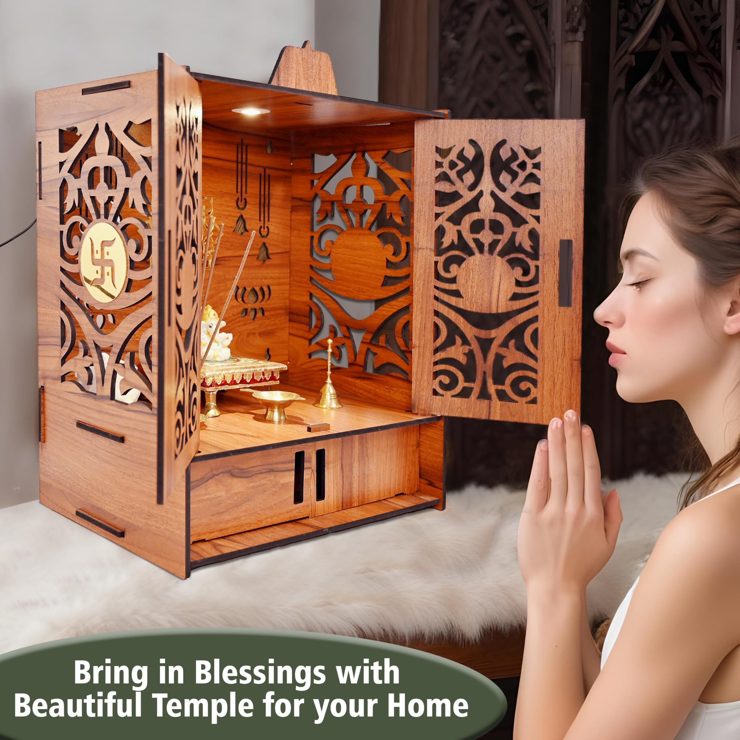 Rousrie Wooden Temple Mandir for Home with Door Cabinets – view 6