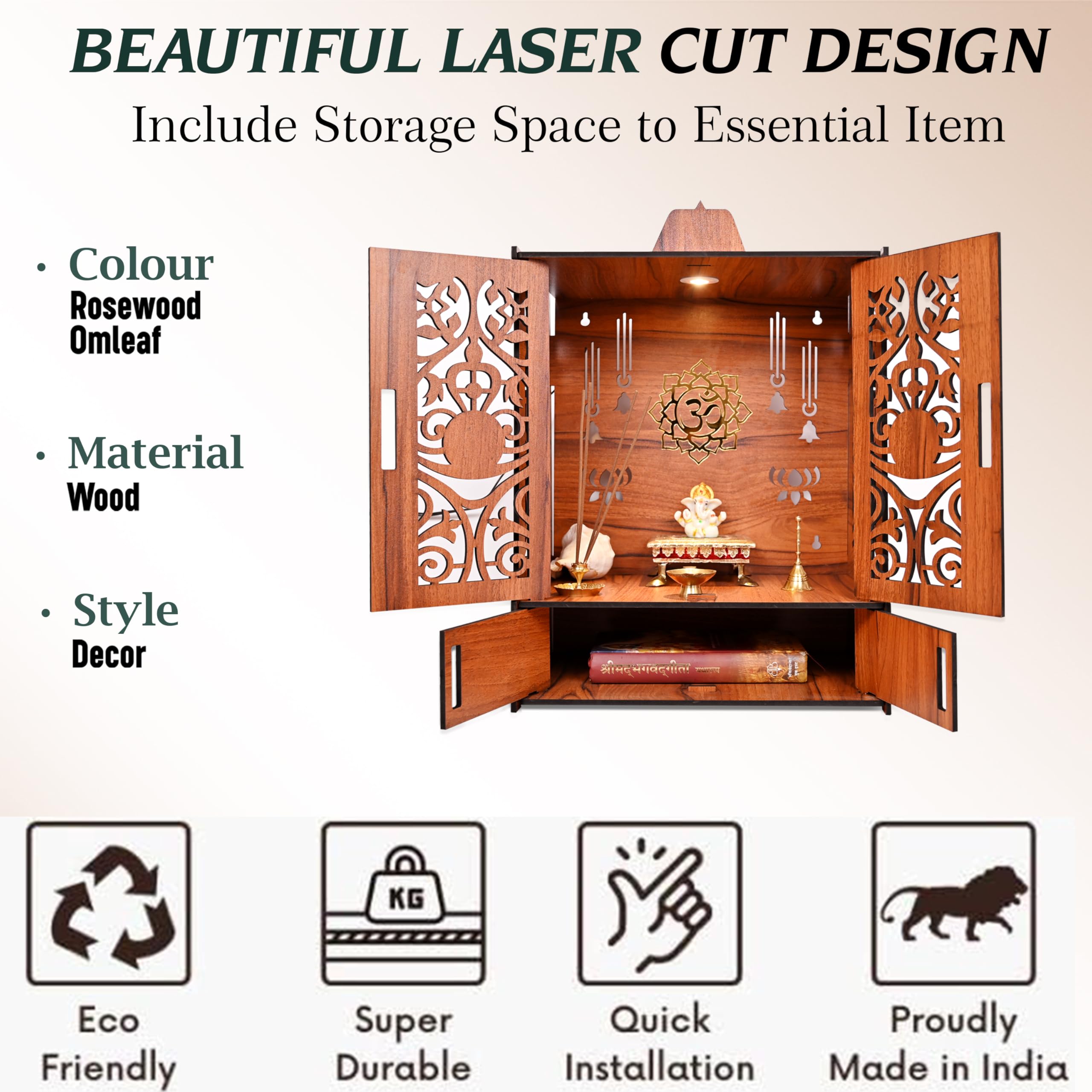 Rousrie Wooden Temple Mandir for Home with Door Cabinets – view 7