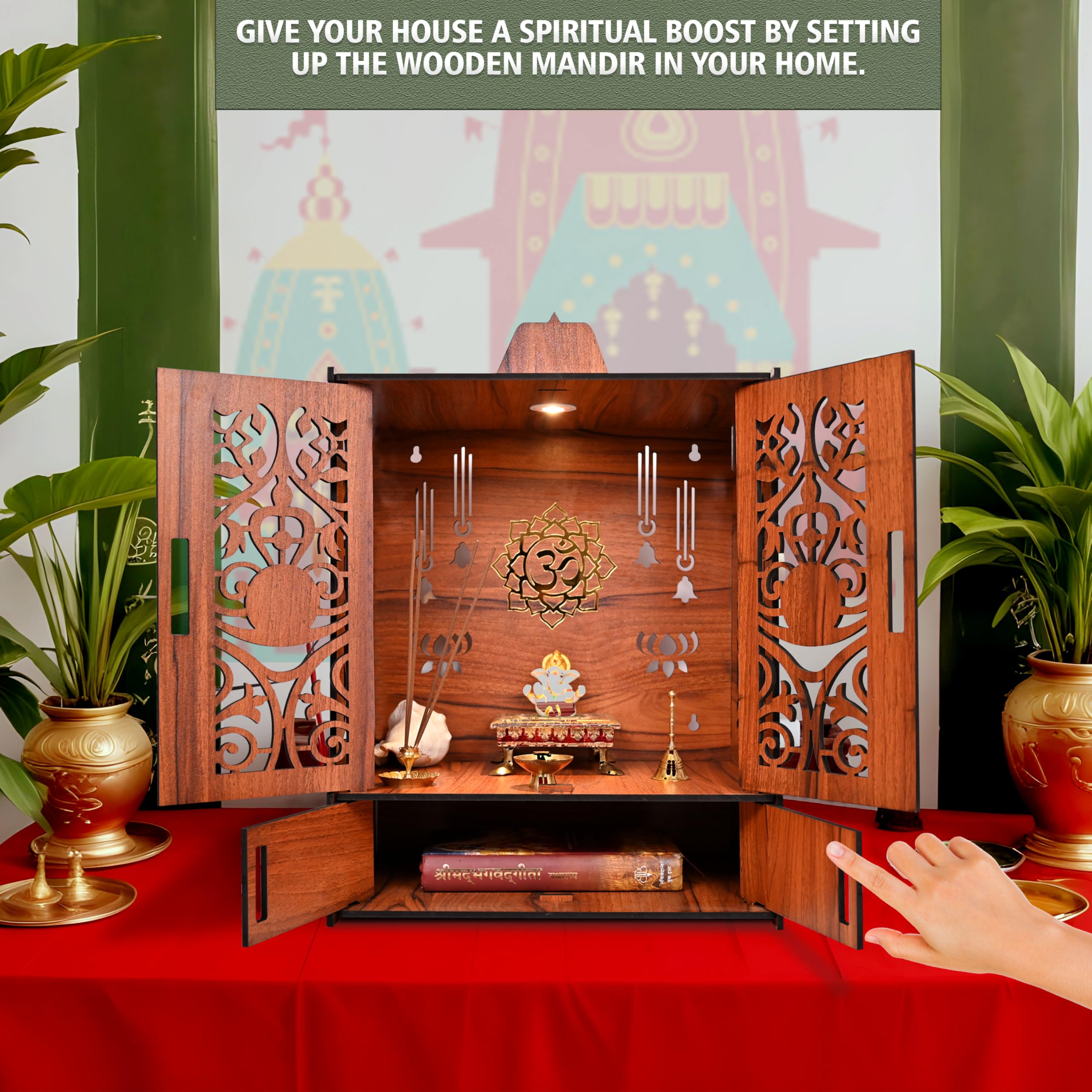 Rousrie Wooden Temple Mandir for Home with Door Cabinets – view 8