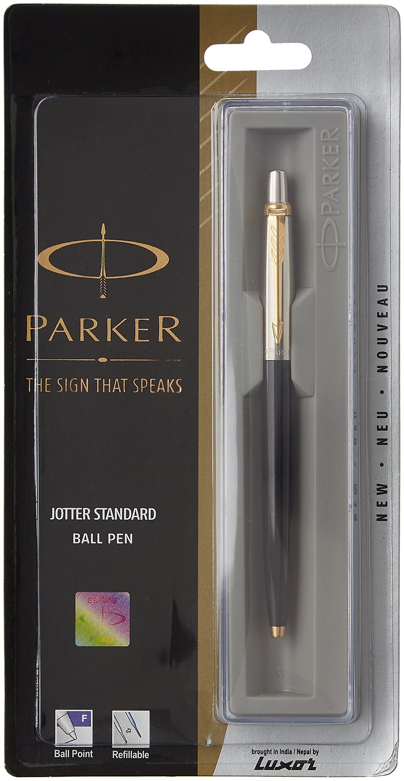 Parker Jotter black retractable ball pens, five-piece pack with gold trim