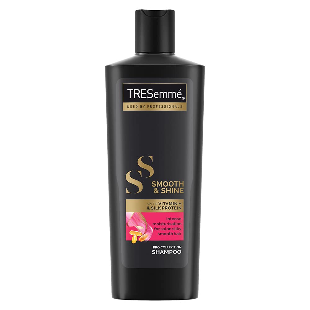 Front view of TRESemmé Smooth Shine+ shampoo bottle for frizzy hair